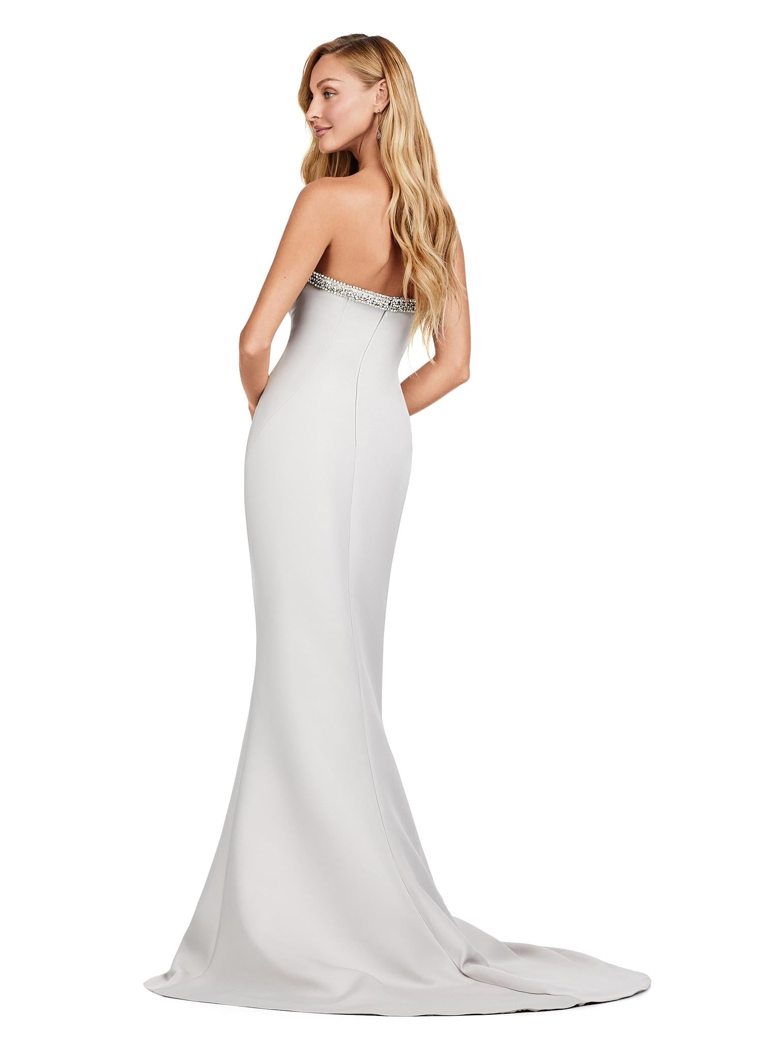 Back view. Marble ASHLEYlauren 11424 Elegant Strapless Evening Gown in Double Faced Satin with Detachable Halter Style Off Shoulder Overlay