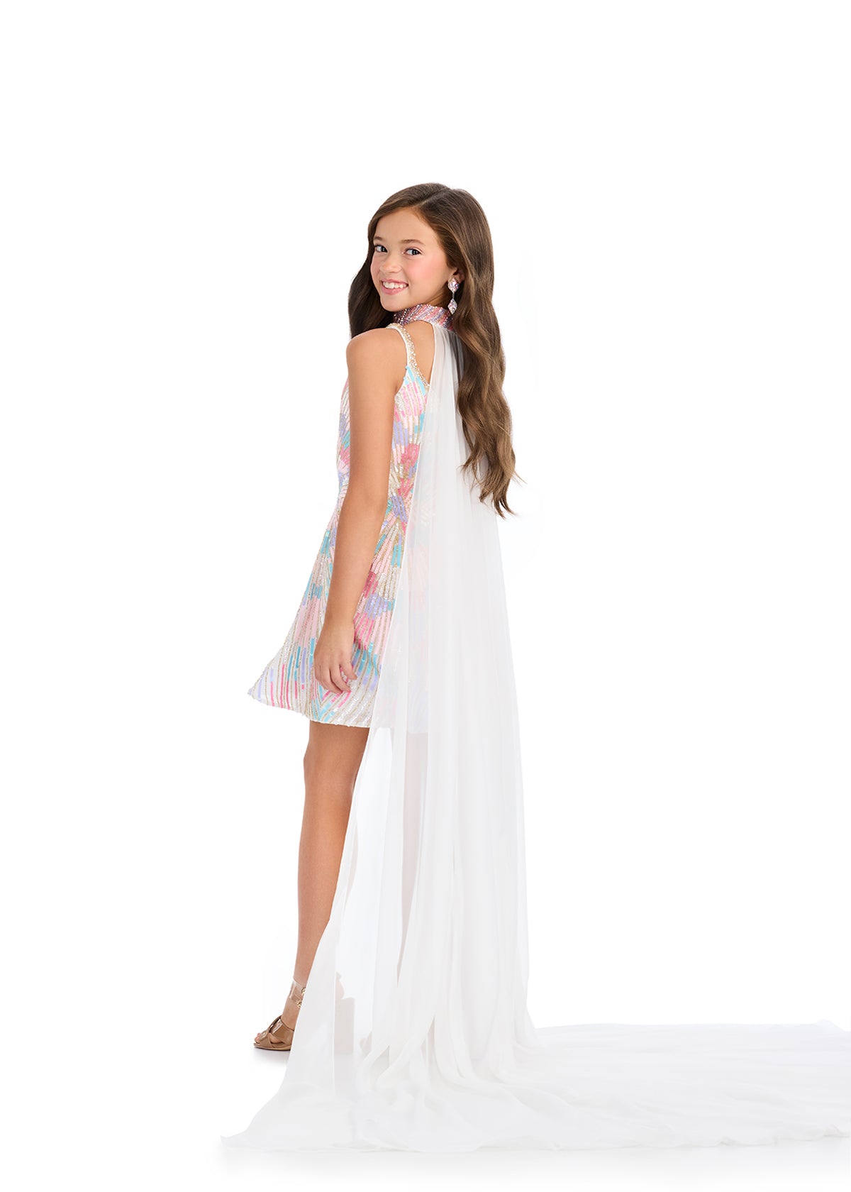 Back - ASHLEYlauren 8319 Fully Beaded Romper with Crew Neckline, A-Line Skirt, Beaded Collar, and Chiffon Cape