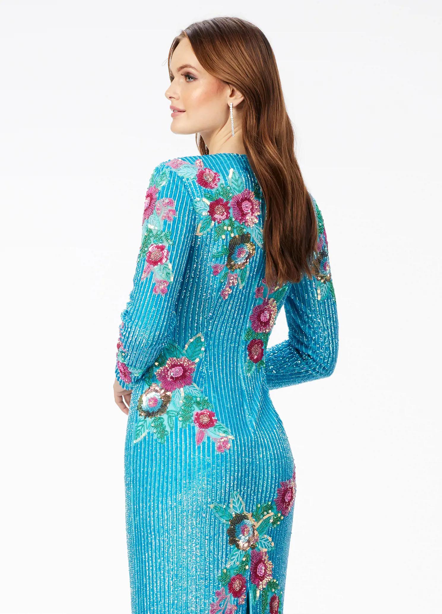 Back - Neon Blue ASHLEYlauren 11203 fully beaded gown featuring a high crew neckline, long sleeves, and an ornately beaded cascading floral pattern with a back vent for an elegant and sophisticated look.