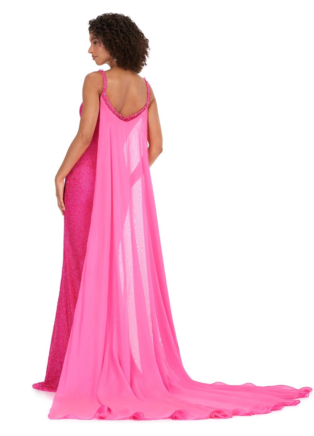 Back - Pink ASHLEYlauren 11398 fully vermicelli beaded gown featuring a sweetheart neckline, crystal-adorned straps and bustier trim, and an elegant chiffon cape.