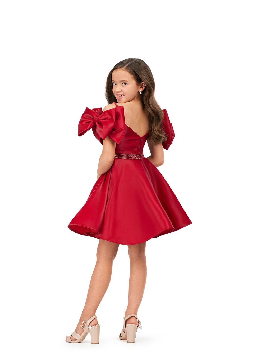Back - Red ASHLEYlauren Kids 8223 Off Shoulder Phantom Satin Dress with Pearl Belt and Bow Sleeves