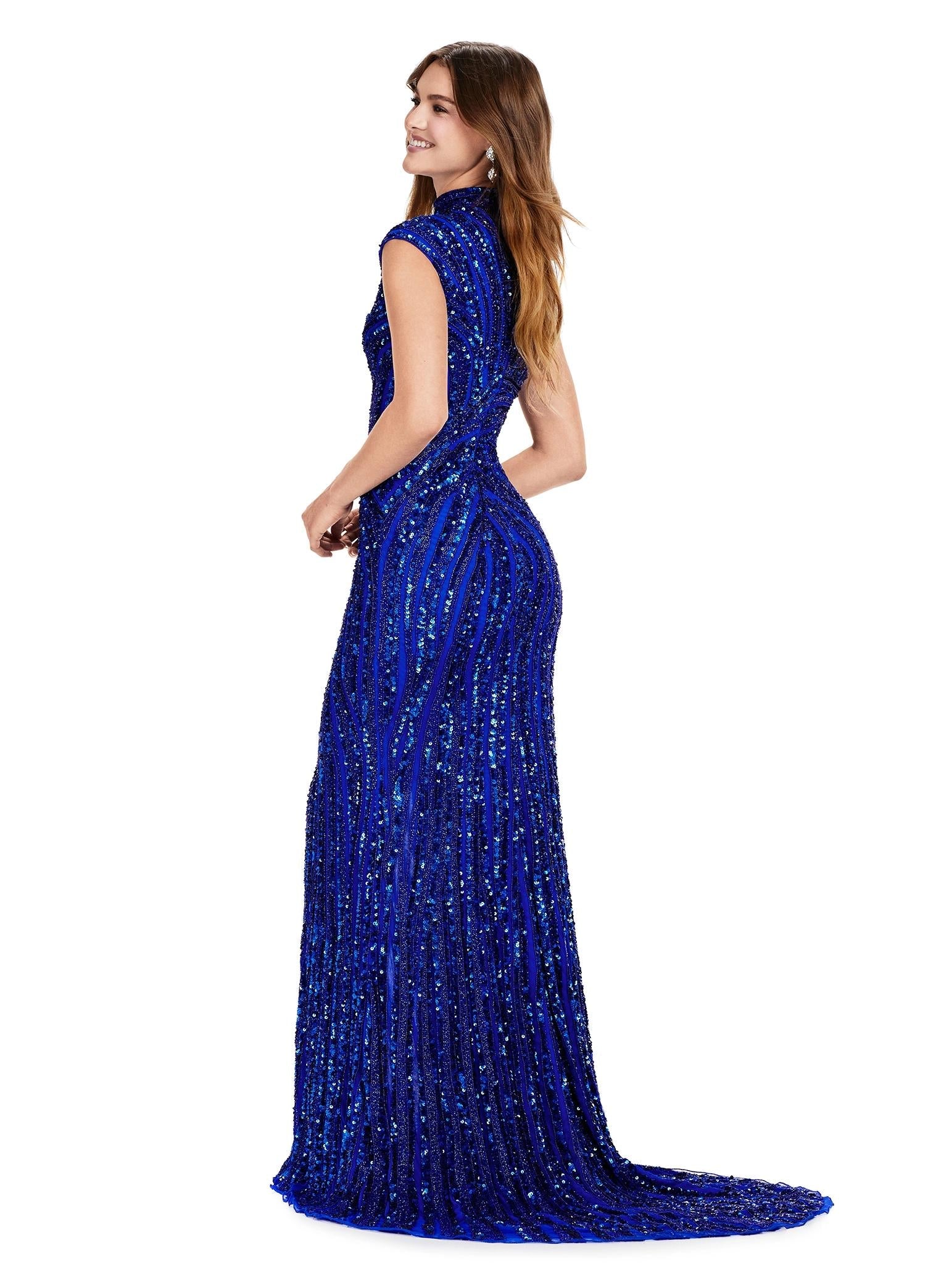 Back Royal ASHLEYlauren 11395 fully beaded sequin gown featuring an intricate beaded motif, high neckline, cap sleeves, and a modest front slit for an elegant and regal look.