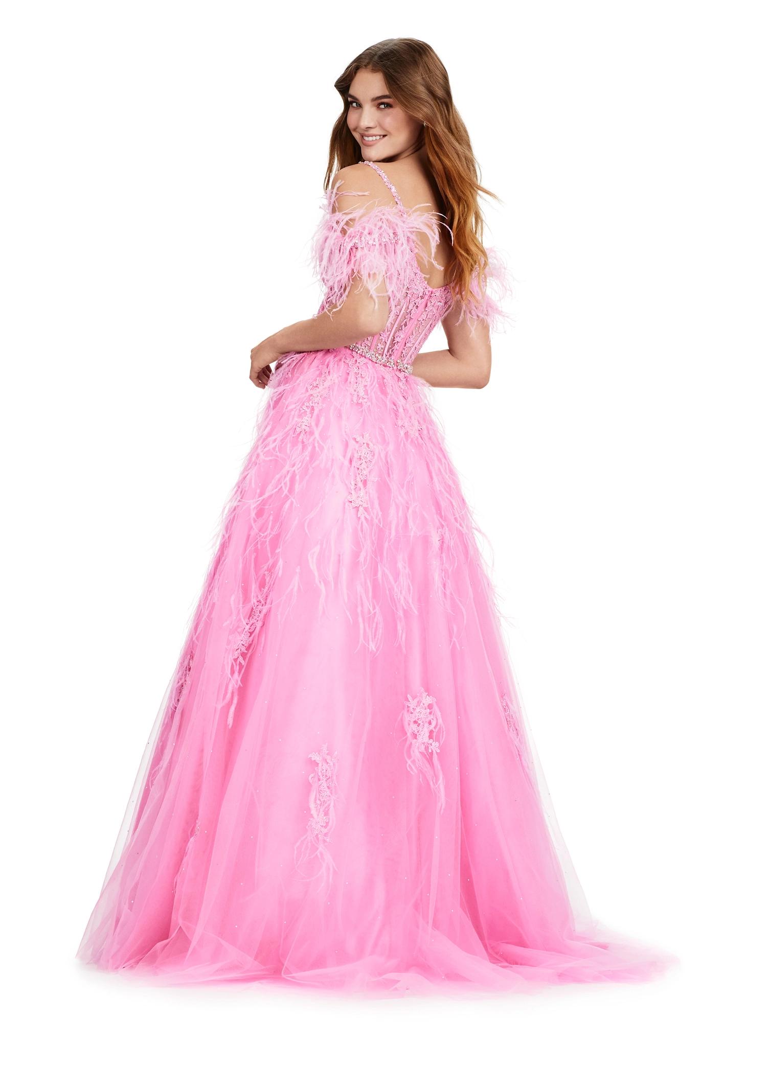 Back view. ASHLEYlauren 11447 pink A-line gown with beaded corset bustier, feather off shoulder straps, exposed boning, and lace appliqué