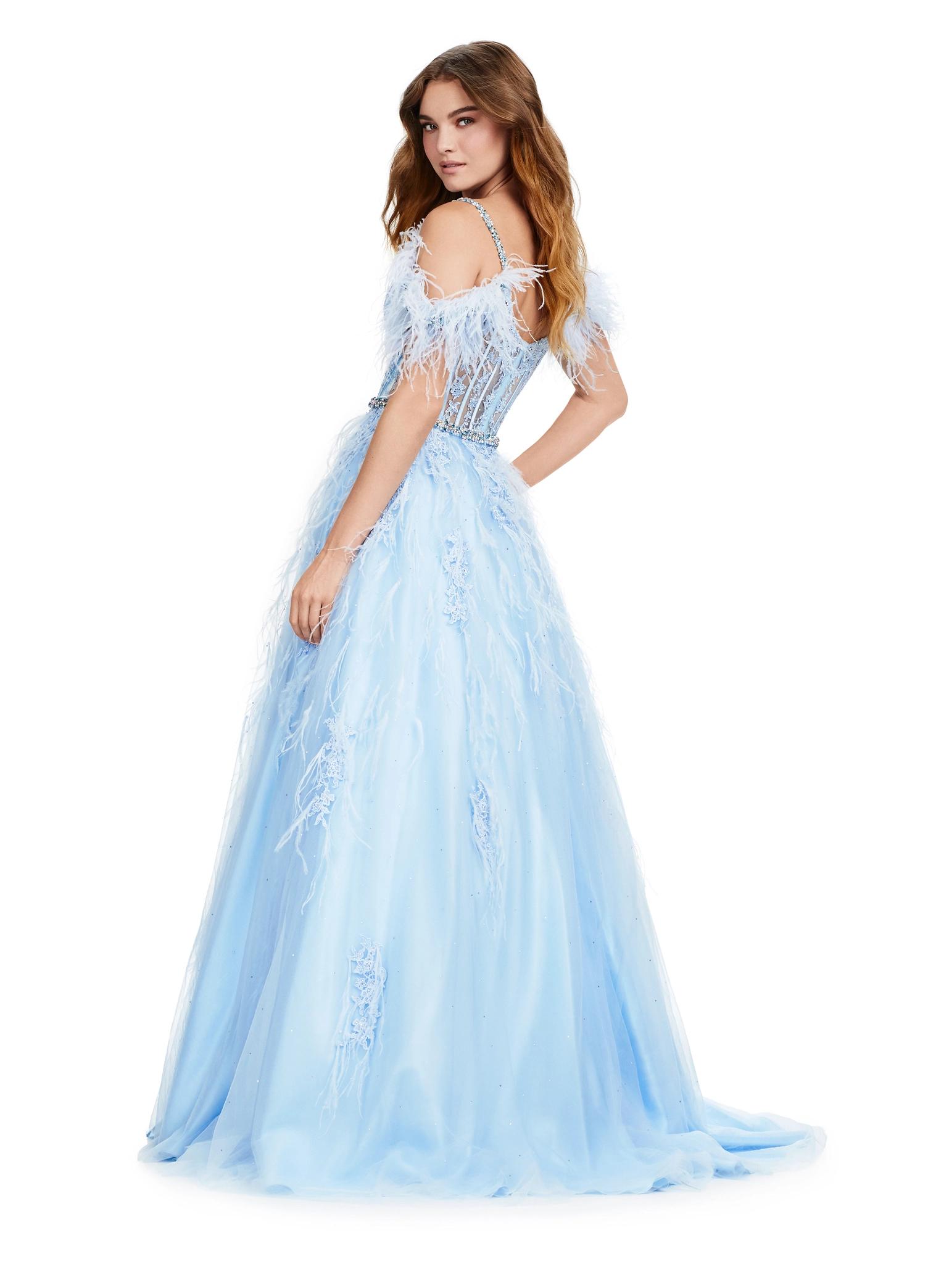 Back view. ASHLEYlauren 11447 sky A-line gown with beaded corset bustier, feather off shoulder straps, exposed boning, and lace appliqué