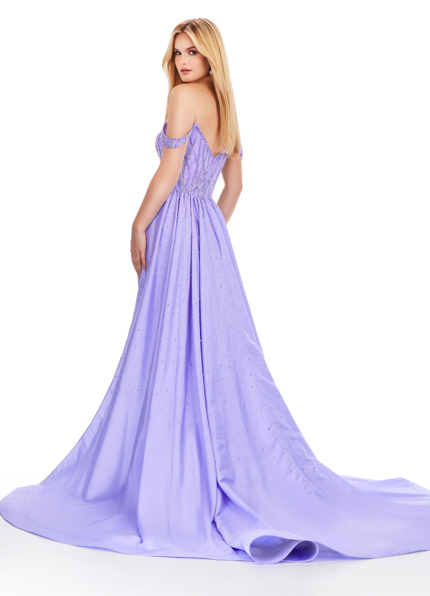 Back view. ASHLEYlauren 11458 lilac off shoulder gown with beading, sweetheart neckline, and dramatic taffeta overskirt