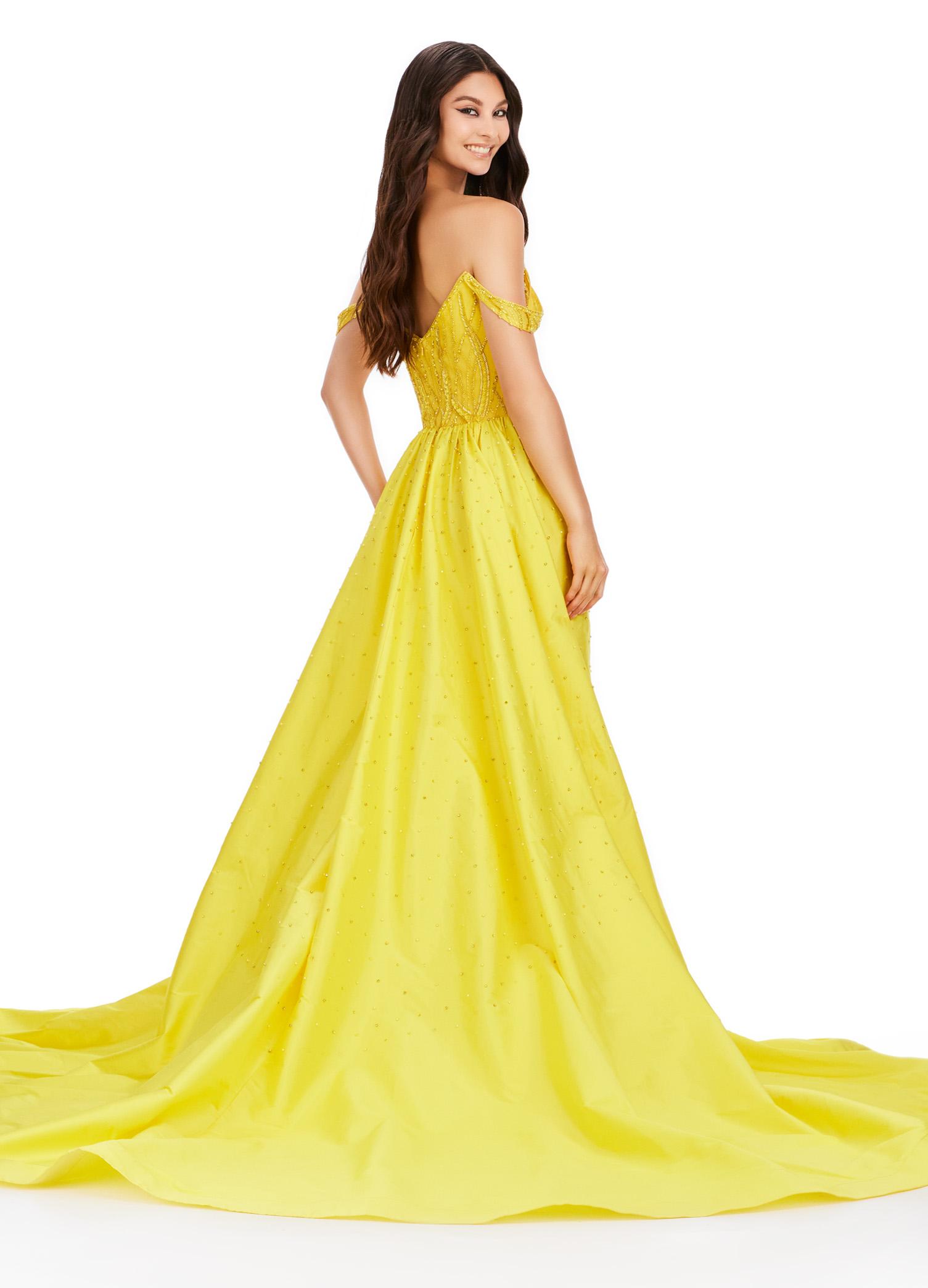 Back view. ASHLEYlauren 11458 yellow off shoulder gown with beading, sweetheart neckline, and dramatic taffeta overskirt