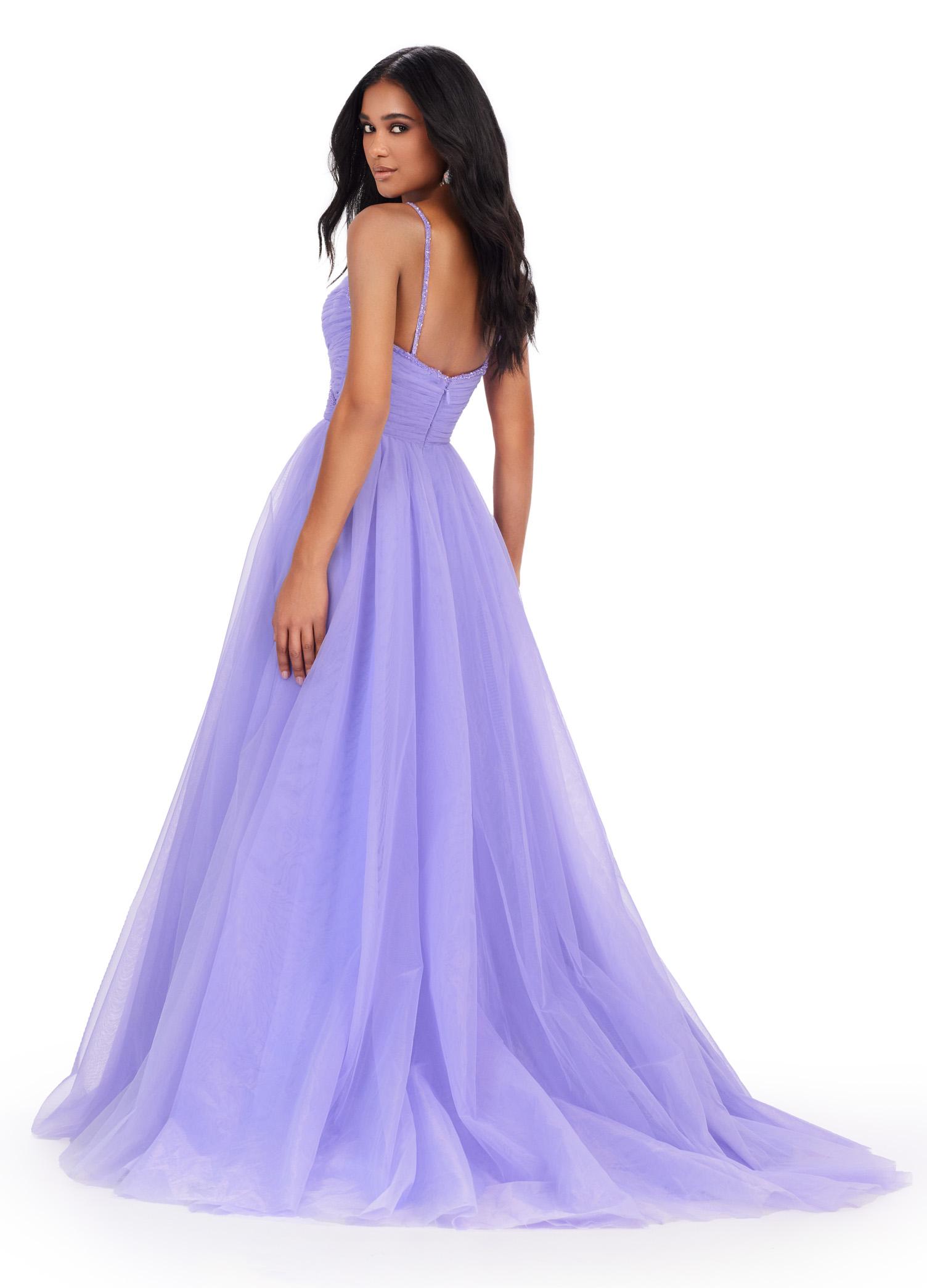 Back view. ASHLEYlauren 11461  lilac soft tulle ball gown with V-neckline, beaded spaghetti straps, ruched bodice, and full skirt
