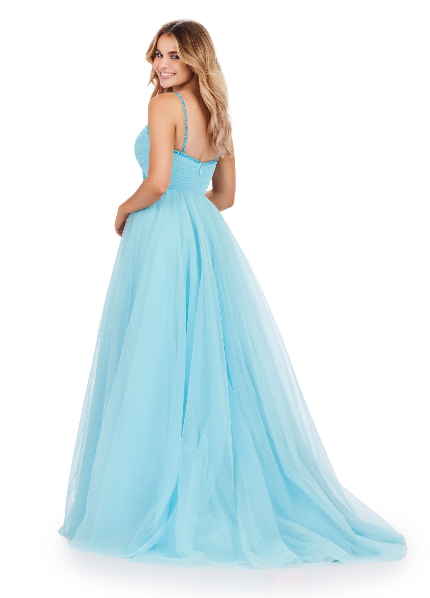 Back view. ASHLEYlauren 11461  sky soft tulle ball gown with V-neckline, beaded spaghetti straps, ruched bodice, and full skirt