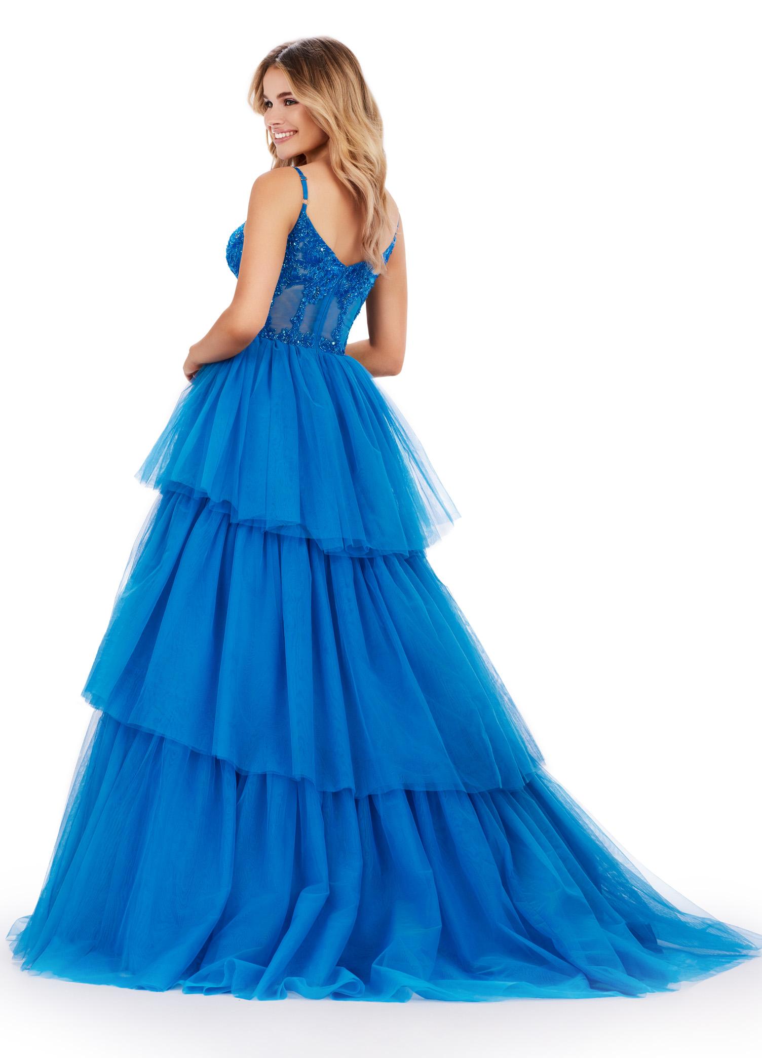 Back view. ASHLEYlauren 11462 peacock tiered tulle ball gown with sheer beaded corset bodice and spaghetti straps