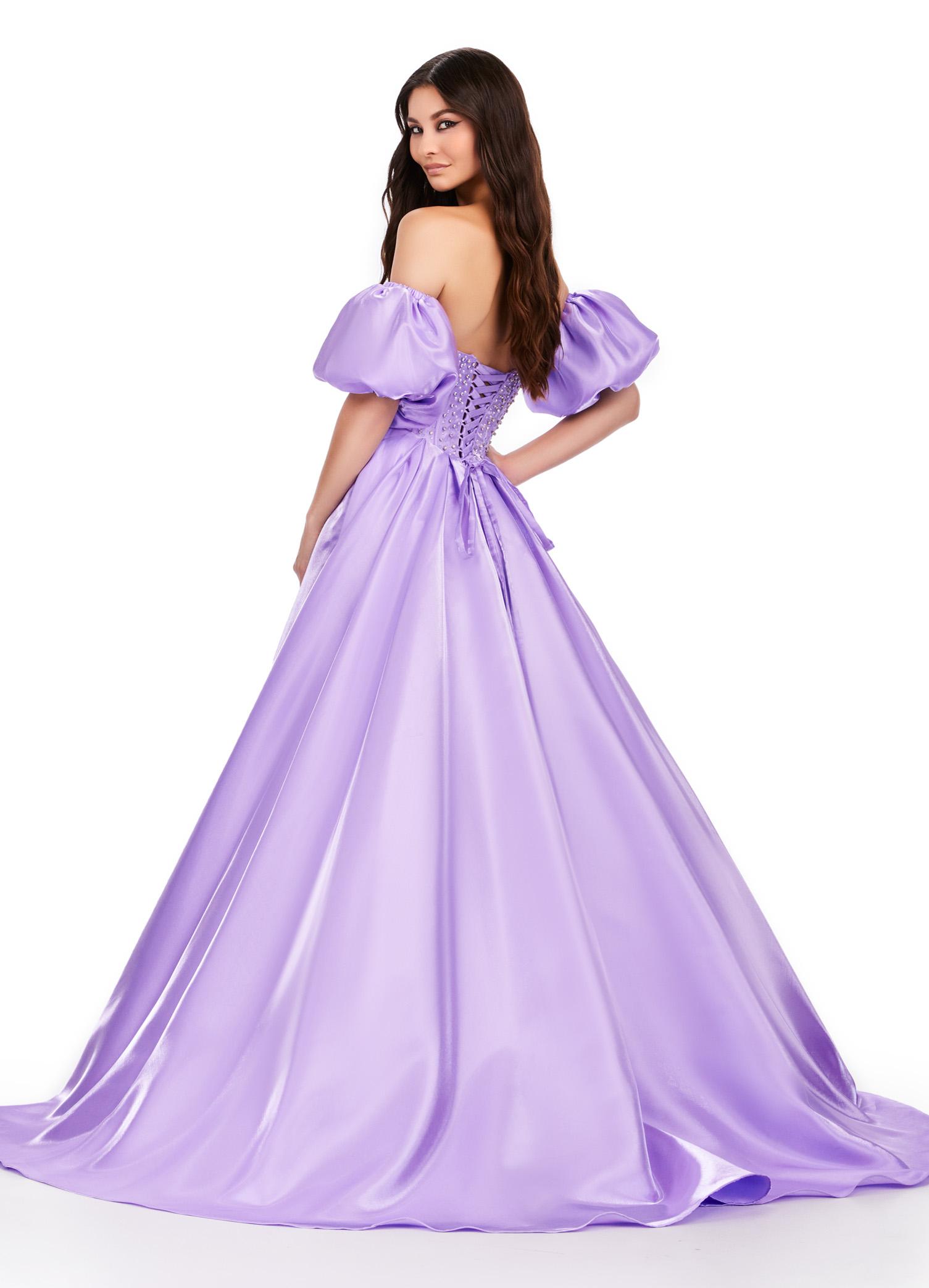 Back view. ASHLEYlauren 11642 Strapless Satin Ball Gown in Orchid with Sweetheart Neckline, Beaded Corset Bustier, Detachable Puff Sleeves, and Lace Up Back