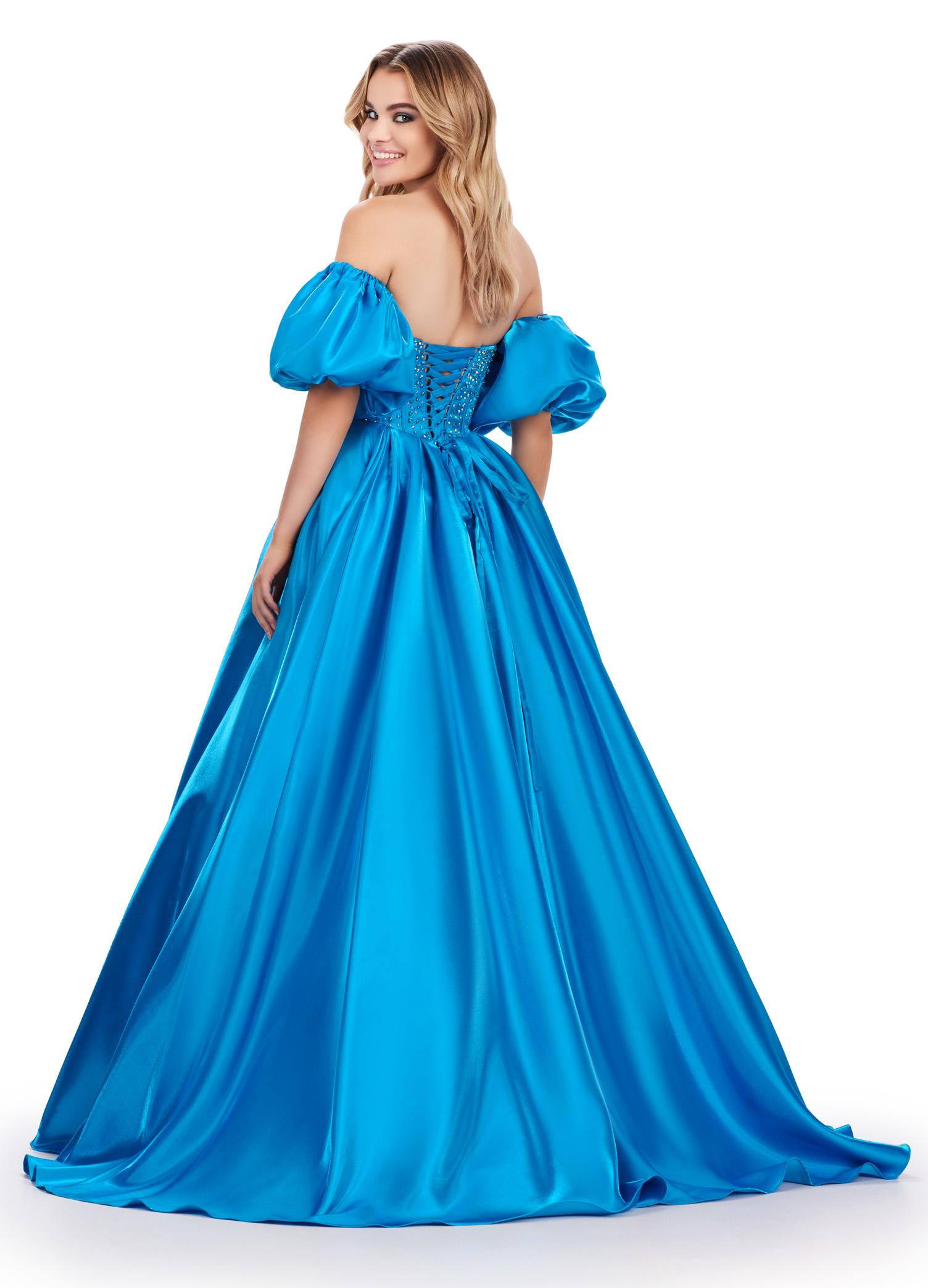 Back view. ASHLEYlauren 11642 Strapless Satin Ball Gown in Peacock with Sweetheart Neckline, Beaded Corset Bustier, Detachable Puff Sleeves, and Lace Up Back