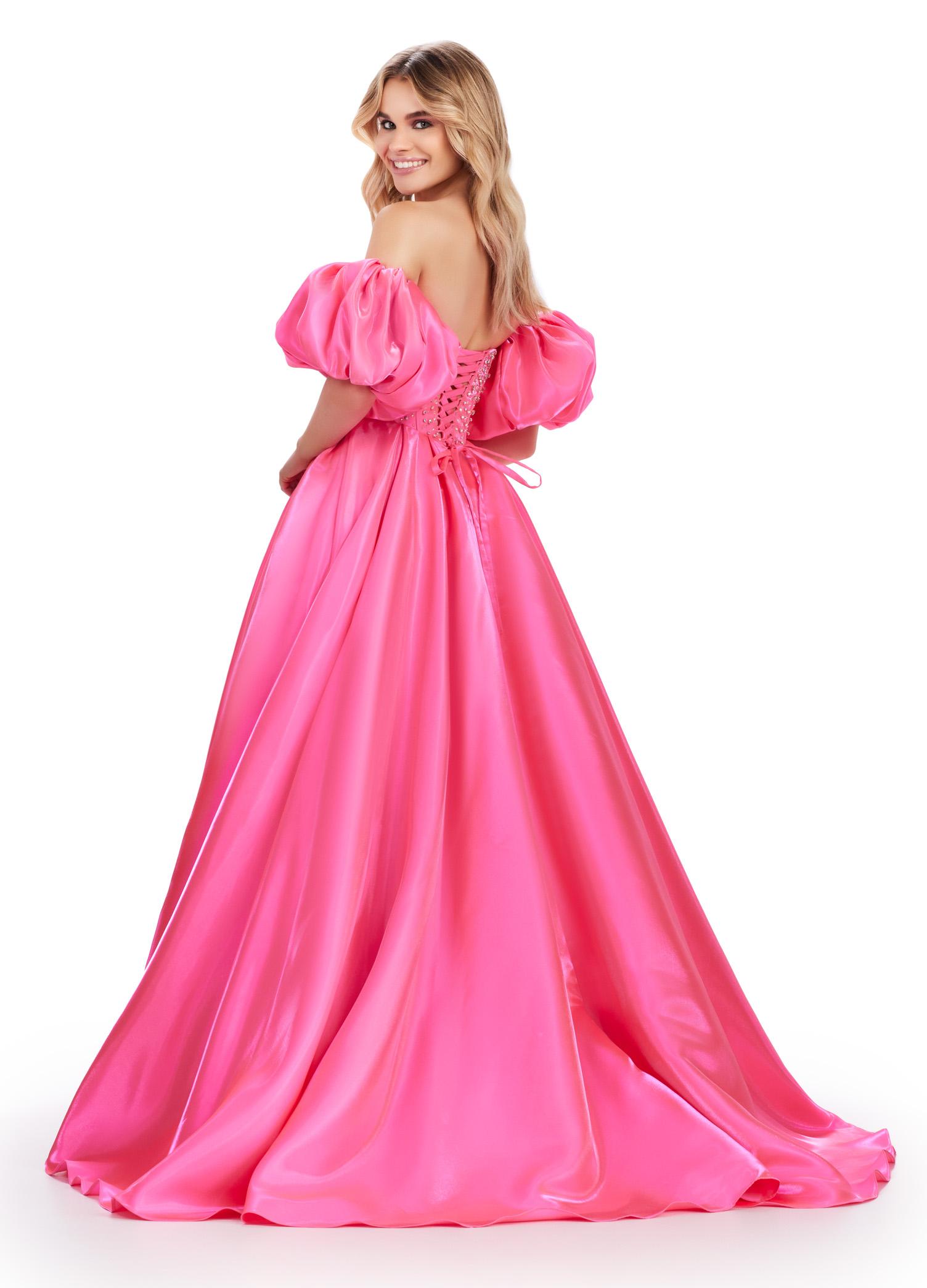 Back view. ASHLEYlauren 11642 Strapless Satin Ball Gown in Pink with Sweetheart Neckline, Beaded Corset Bustier, Detachable Puff Sleeves, and Lace Up Back