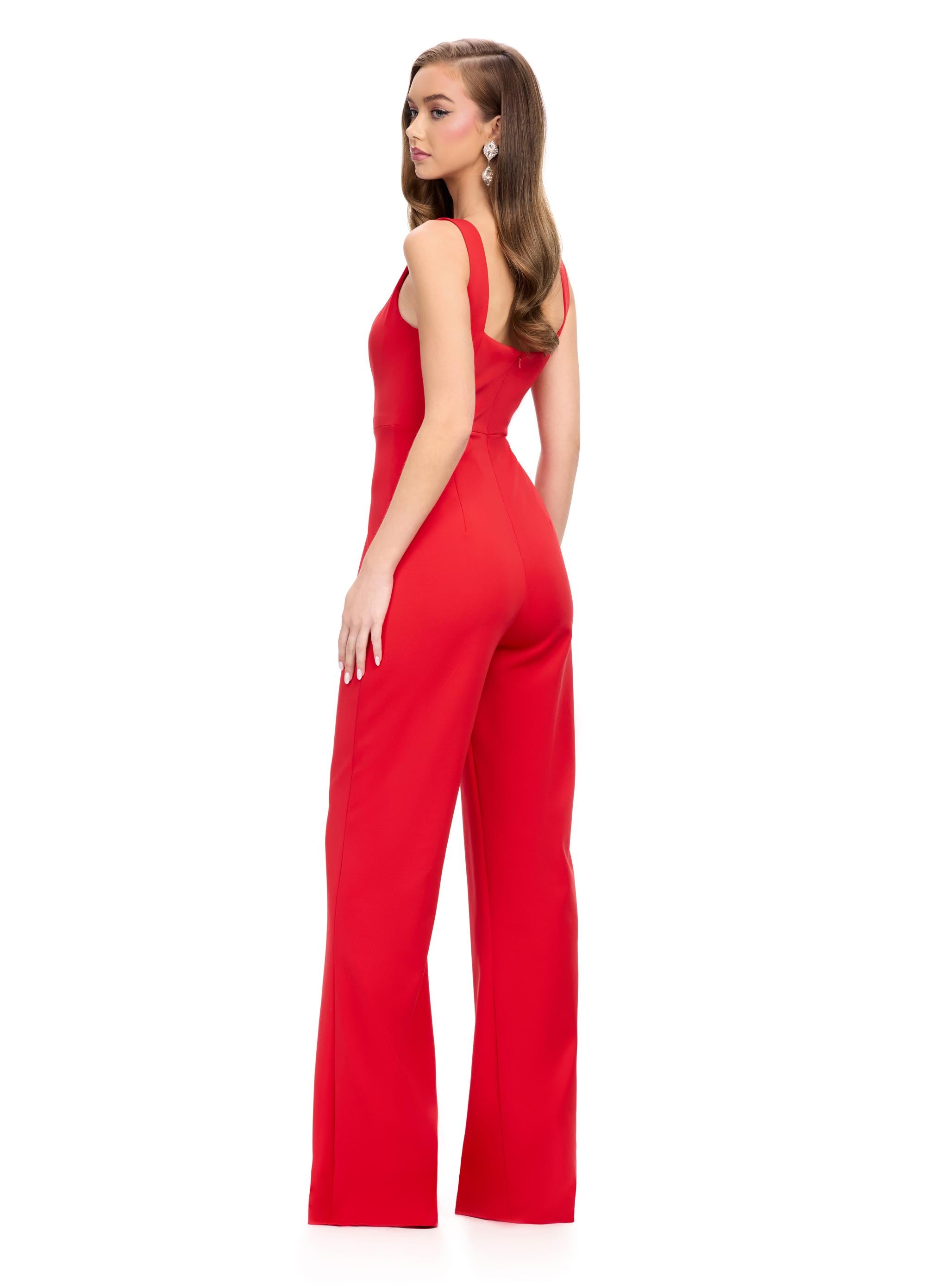 Back view. ASHLEYlauren 11760 Red Scuba Jumpsuit with Spaghetti Straps and Removable Ruffle-Accented Jacket for a Bold, Stylish Look