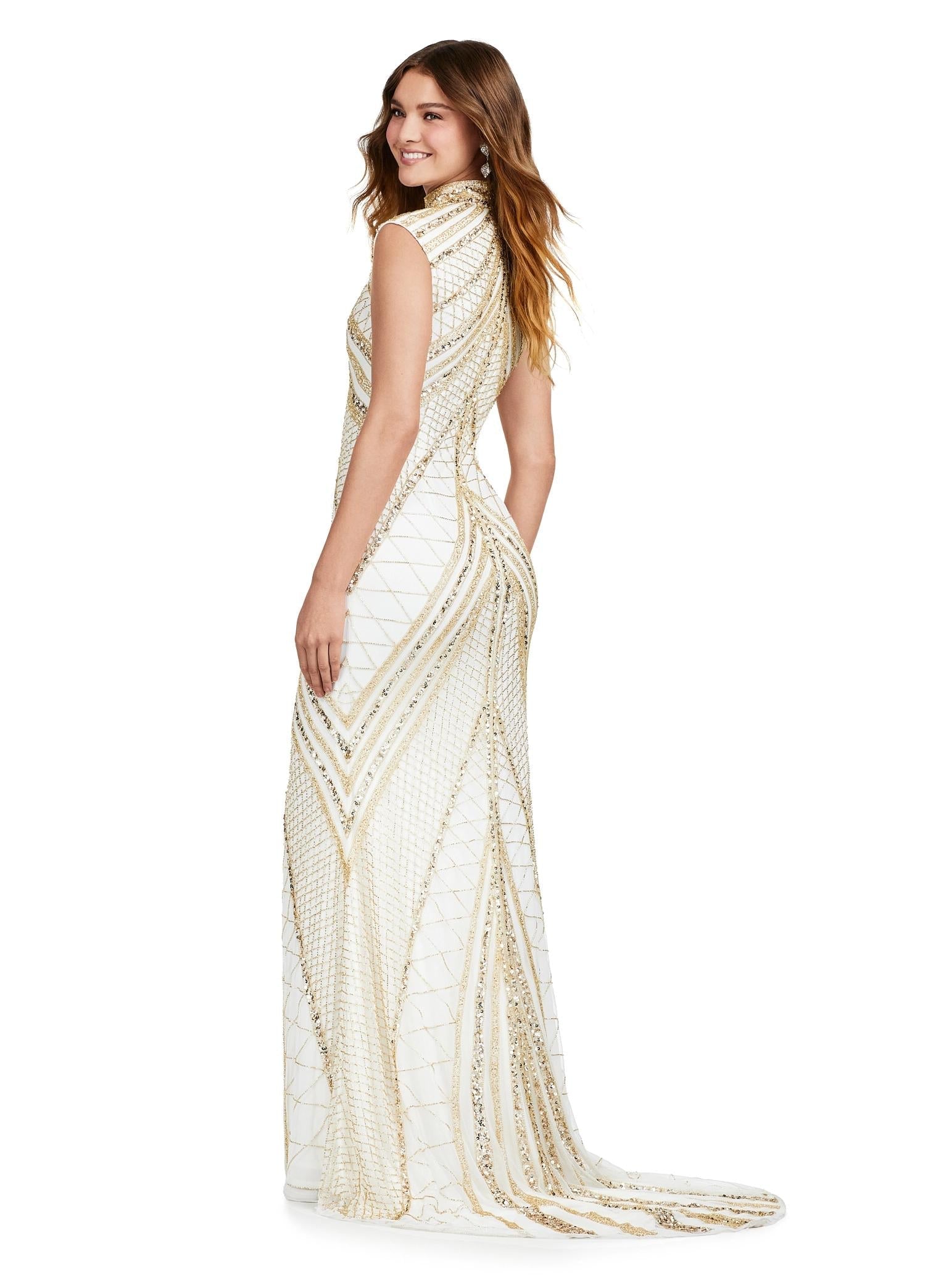 Back view. ASHLEYlauren 1674 Gold/Ivory fully beaded gown with high neck, cap sleeves, centre slit, and geometric detailing