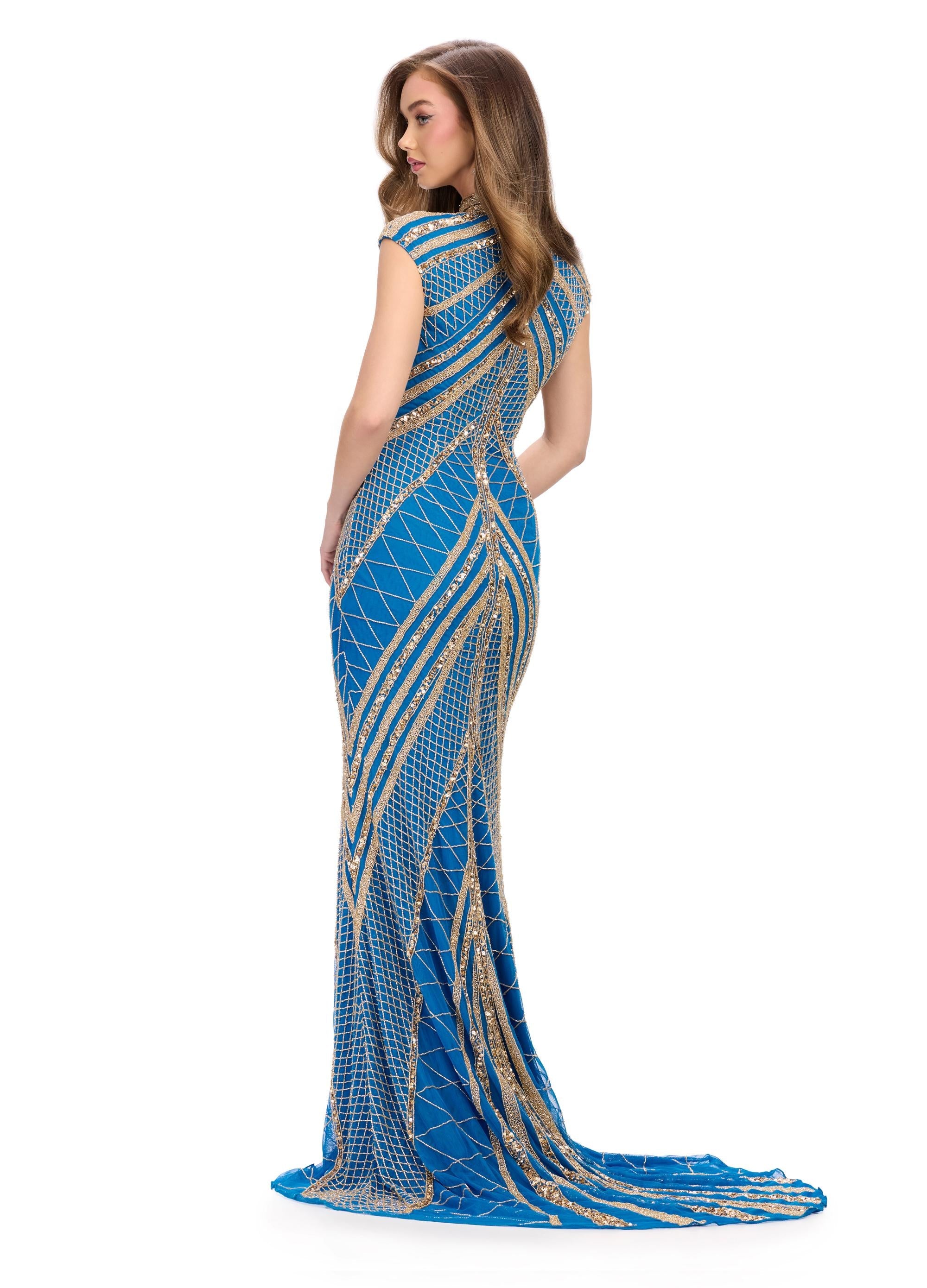 Back view. ASHLEYlauren 1674 Gold/Peacock fully beaded gown with high neck, cap sleeves, centre slit, and geometric detailing