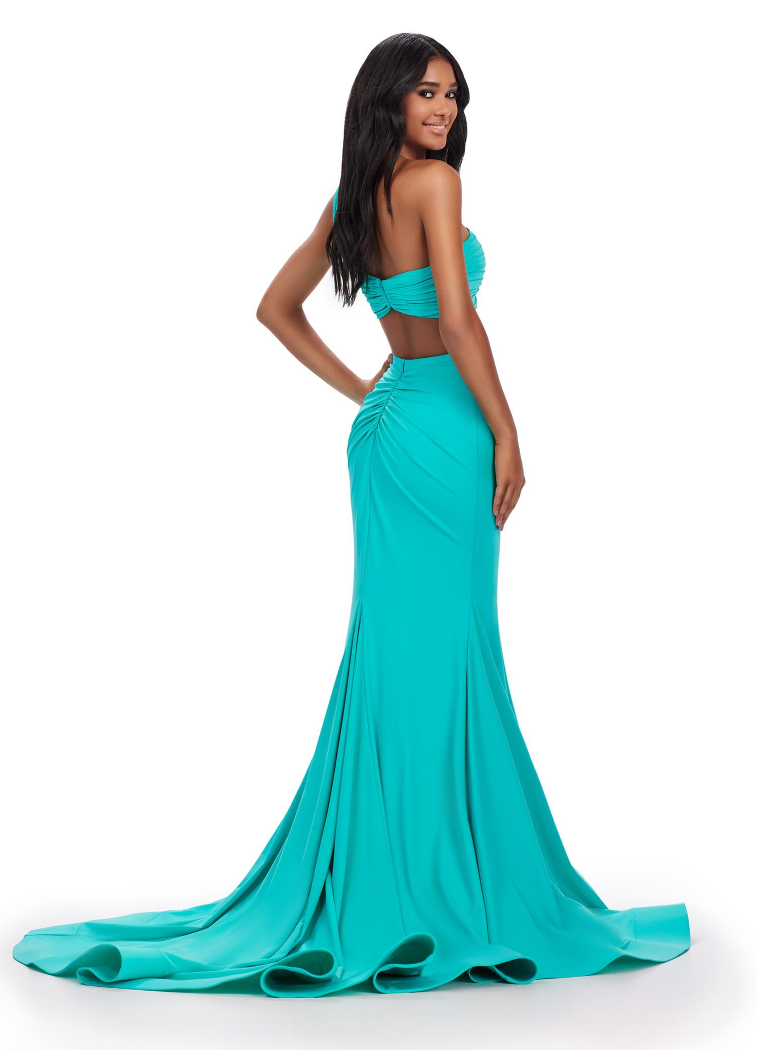 Back view. Aqua ASHLEYlauren 11646 Two-Piece Scuba Gown with Ruched One Shoulder Top, Fitted Skirt, and Structured Horsehair Hem