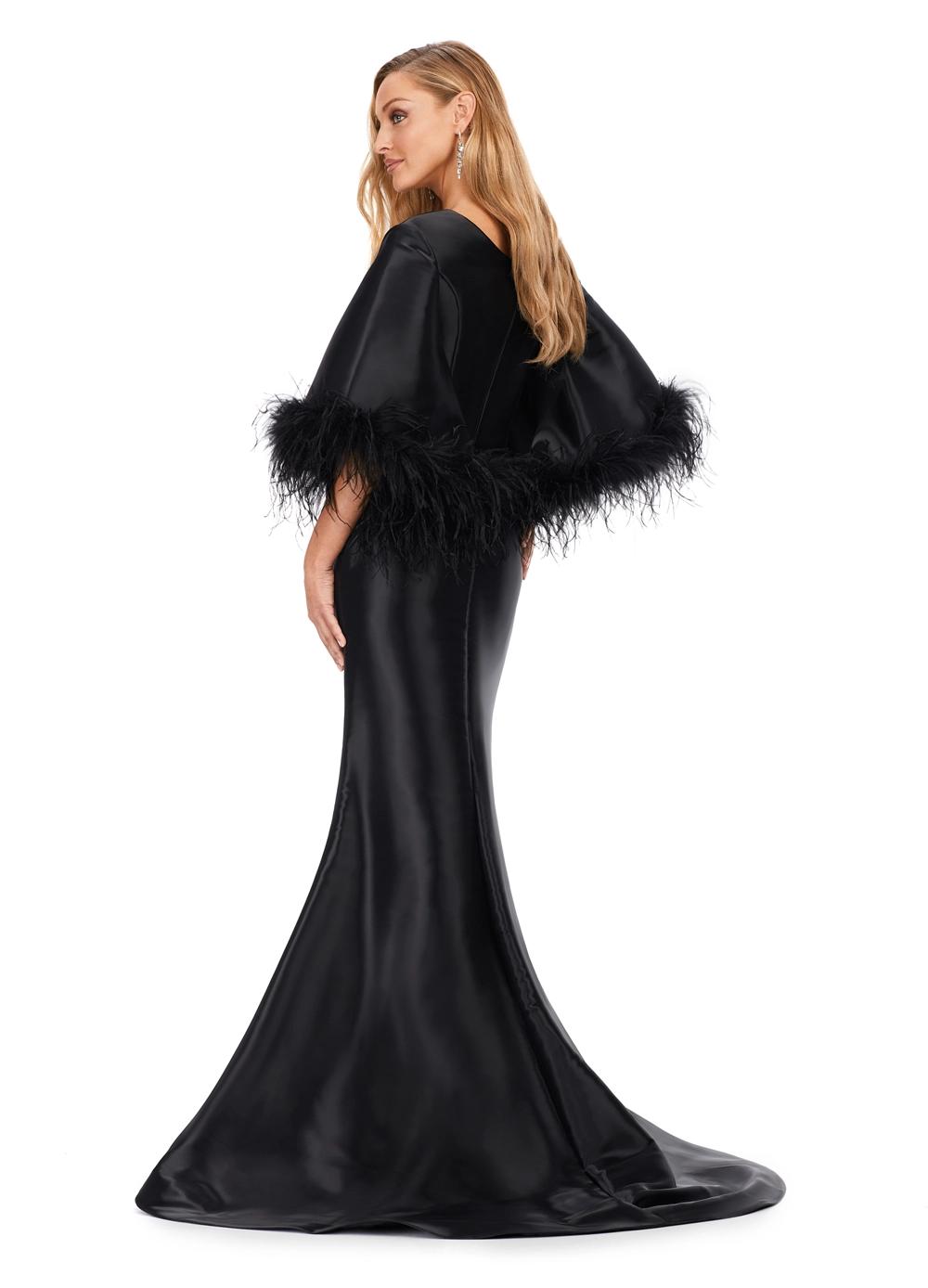 Back view. Black ASHLEYlauren 11381 Fit and Flare Phantom Satin Gown with Modern Scoop Neckline, Feather Detailed Flare Sleeves, and Horsehair Hem Skirt