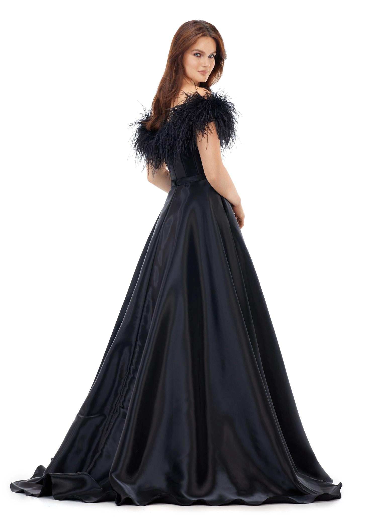 Back view. Black ASHLEYlauren 11382 Elegant Off Shoulder Ball Gown in Phantom Satin with Feather Accent Neckline and Flowing A-Line Skirt