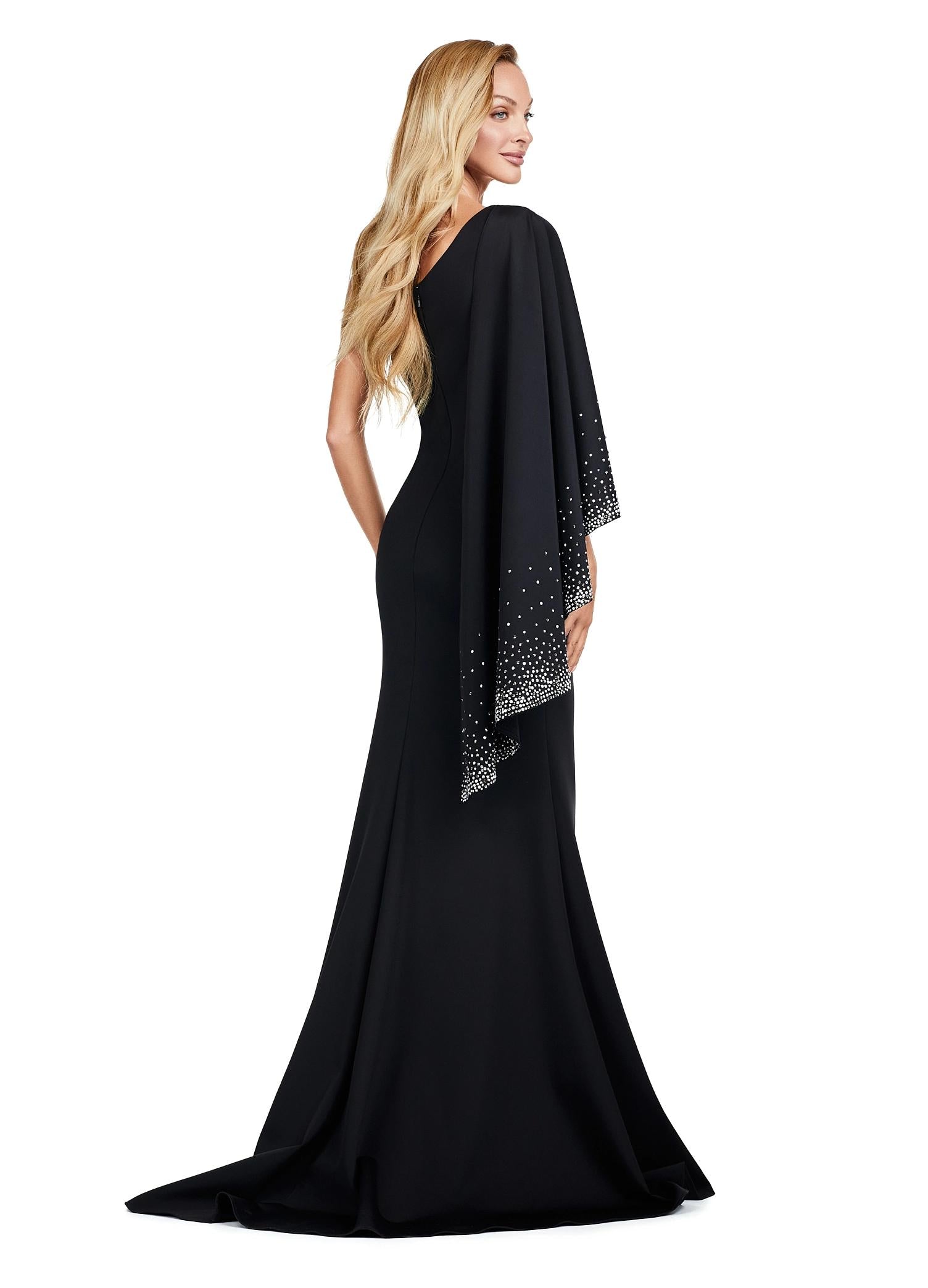 Back view. Black ASHLEYlauren 11421 Classic One Shoulder Fitted Scuba Gown with Dramatic Ruffle Capelet Adorned in Press On Stones
