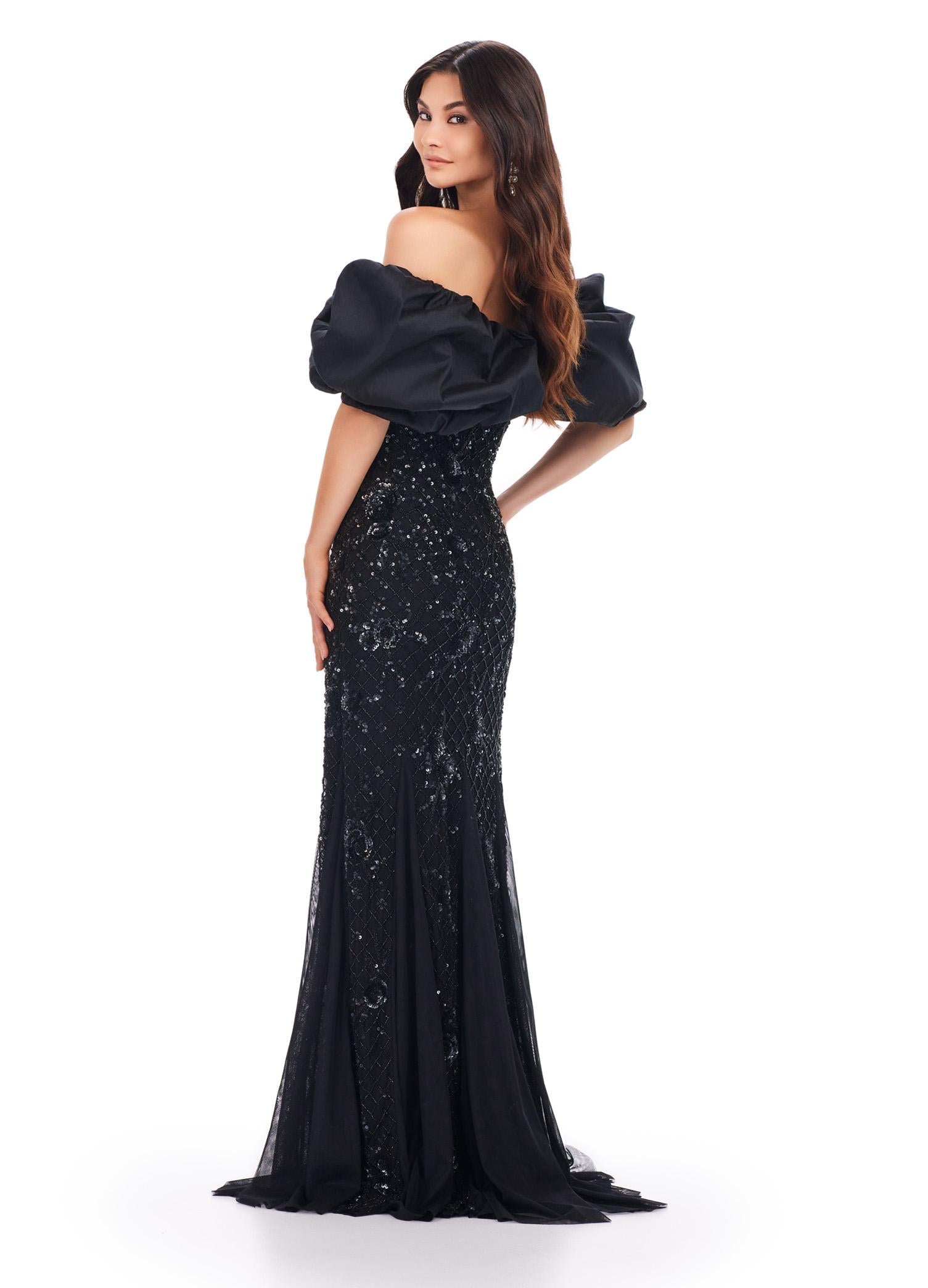 Back view. Black ASHLEYlauren 11433 Show-Stopping Fully Beaded Gown with Dramatic Off Shoulder Taffeta Puff Sleeves and Glamorous Silhouette