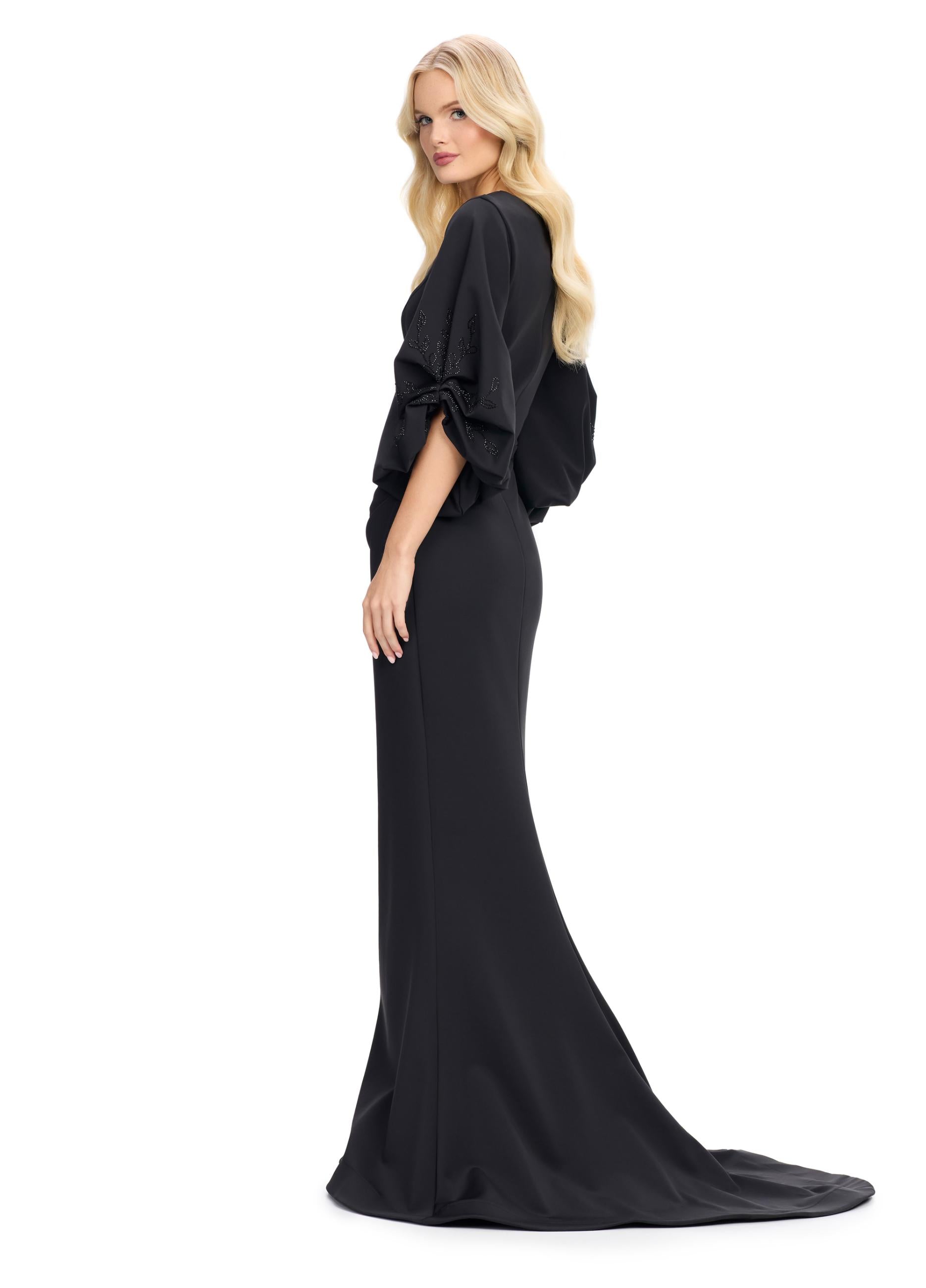 Back view. Black ASHLEYlauren 11740 Timeless Fitted Scuba Gown with Elegant V-Neckline, Embellished Balloon Sleeves, Press On Stone Accents, and Wrap Skirt Design