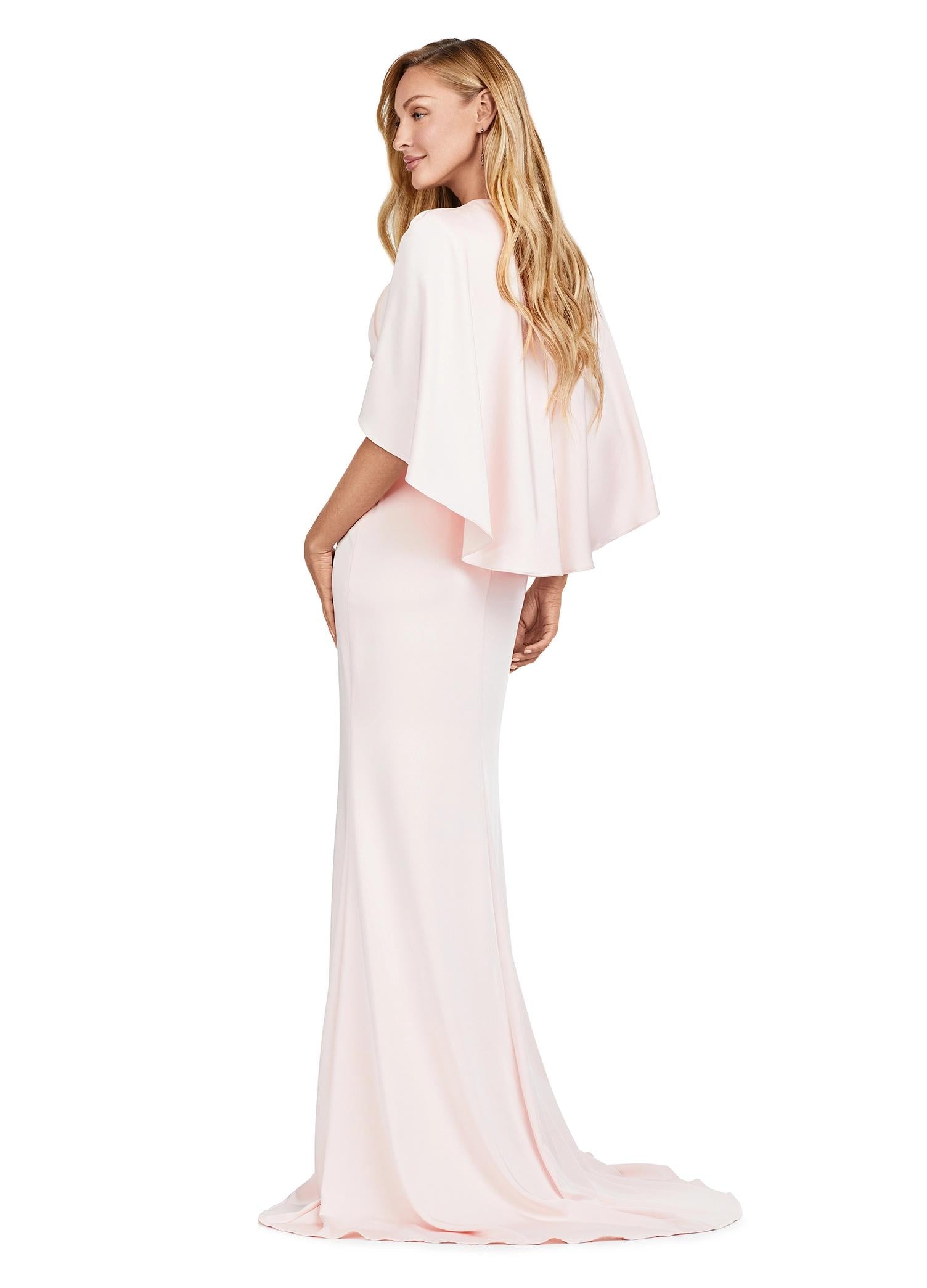 Back view. Blush ASHLEYlauren 11416 Elegant Crepe Gown with Ruched V-Neckline, Sparkling Beaded Belt, Modern Overlay, and Left Leg Slit
