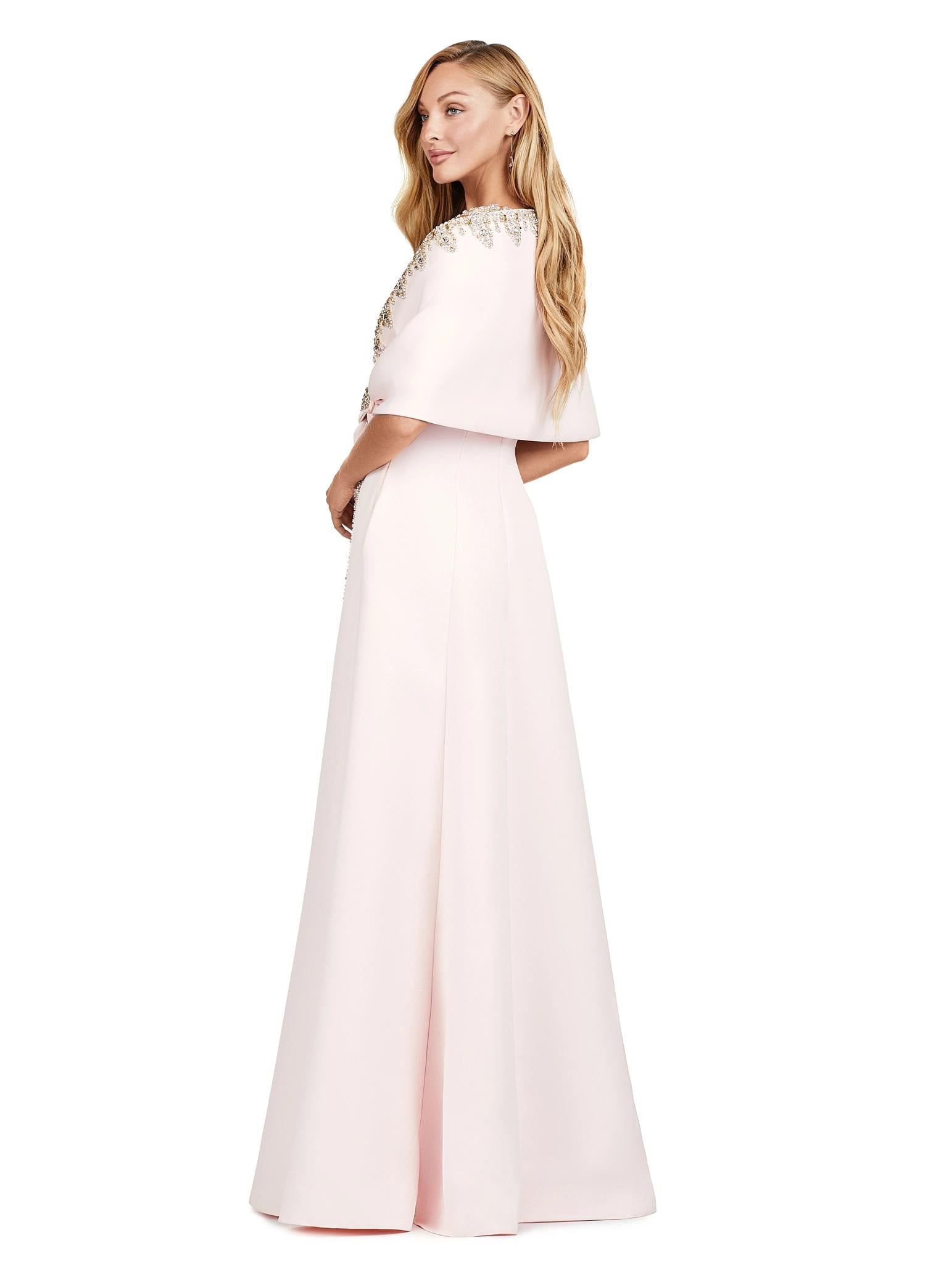 Back view. Blush ASHLEYlauren 11426 Elegant Double Faced Satin Gown with Crew Neckline, Crystal Embellishments, Subtle A-Line Skirt, and Detachable Beaded Shawl with Finger Loop
