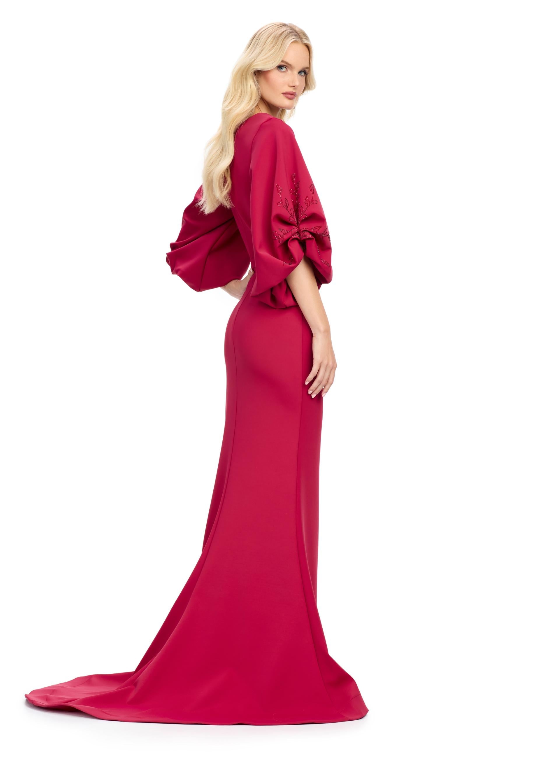 Back view. Burgundy ASHLEYlauren 11740 Timeless Fitted Scuba Gown with Elegant V-Neckline, Embellished Balloon Sleeves, Press On Stone Accents, and Wrap Skirt Design