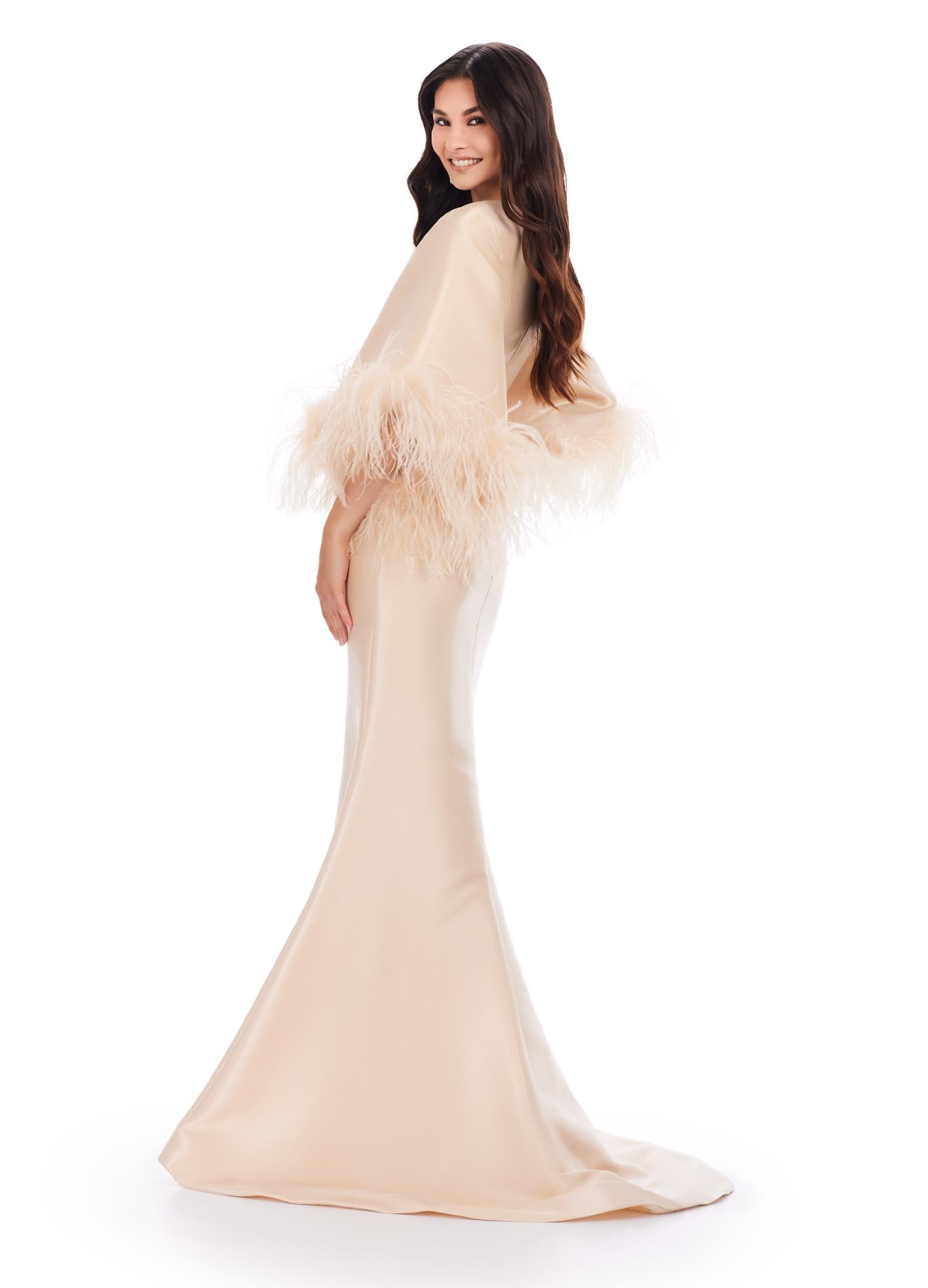 Back view. Champagne ASHLEYlauren 11381 Fit and Flare Phantom Satin Gown with Modern Scoop Neckline, Feather Detailed Flare Sleeves, and Horsehair Hem Skirt