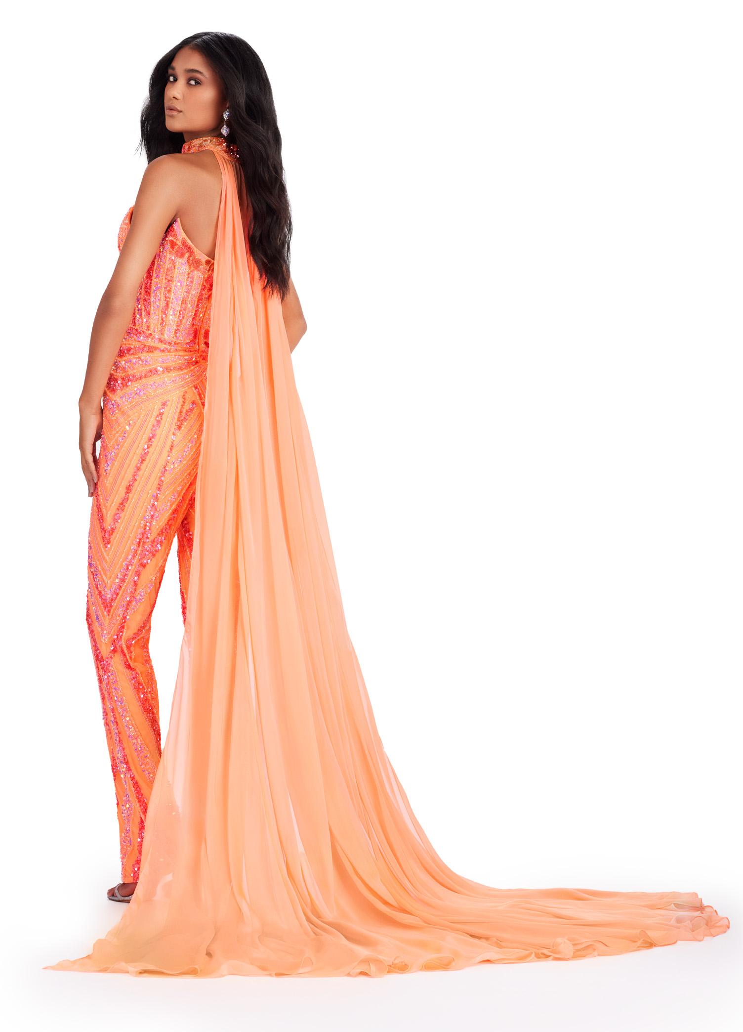 Back view. Coral ASHLEYlauren 11647 Strapless Fully Beaded Jumpsuit with Intricate Design, Sweetheart Neckline, Beaded Choker, and Flowing Chiffon Cape