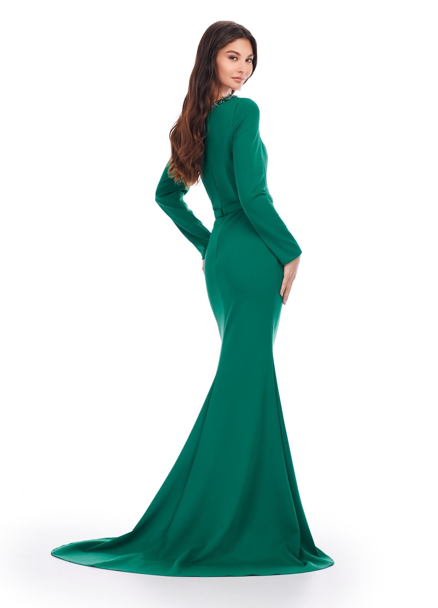 Back view. Dark Emerald ASHLEYlauren 11450 Chic Long Sleeve Scuba Gown with Asymmetrical Off Shoulder Beaded Neckline and Flattering Ruched Hip Detailing
