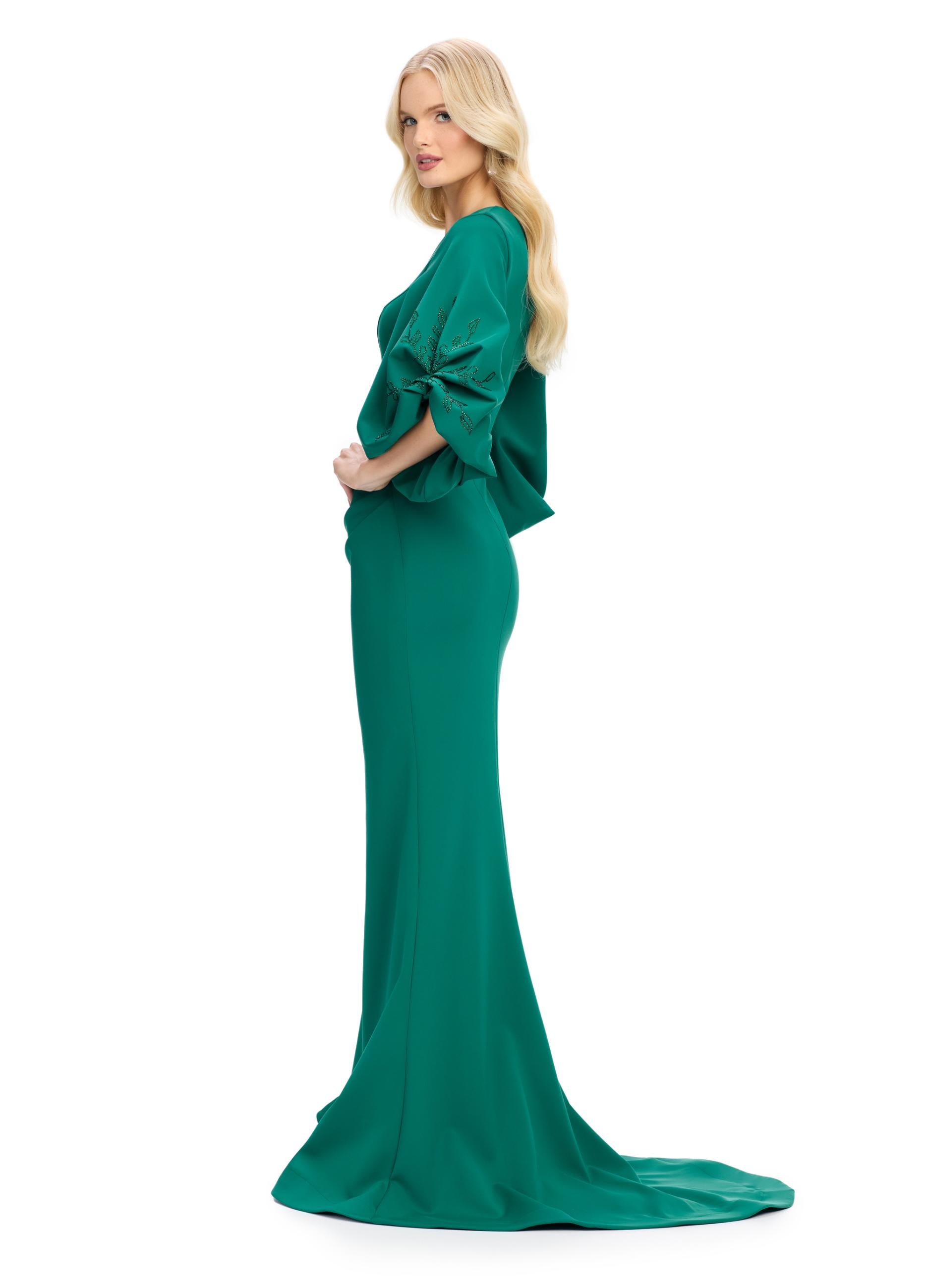 Back view. Dark Emerald ASHLEYlauren 11740 Timeless Fitted Scuba Gown with Elegant V-Neckline, Embellished Balloon Sleeves, Press On Stone Accents, and Wrap Skirt Design