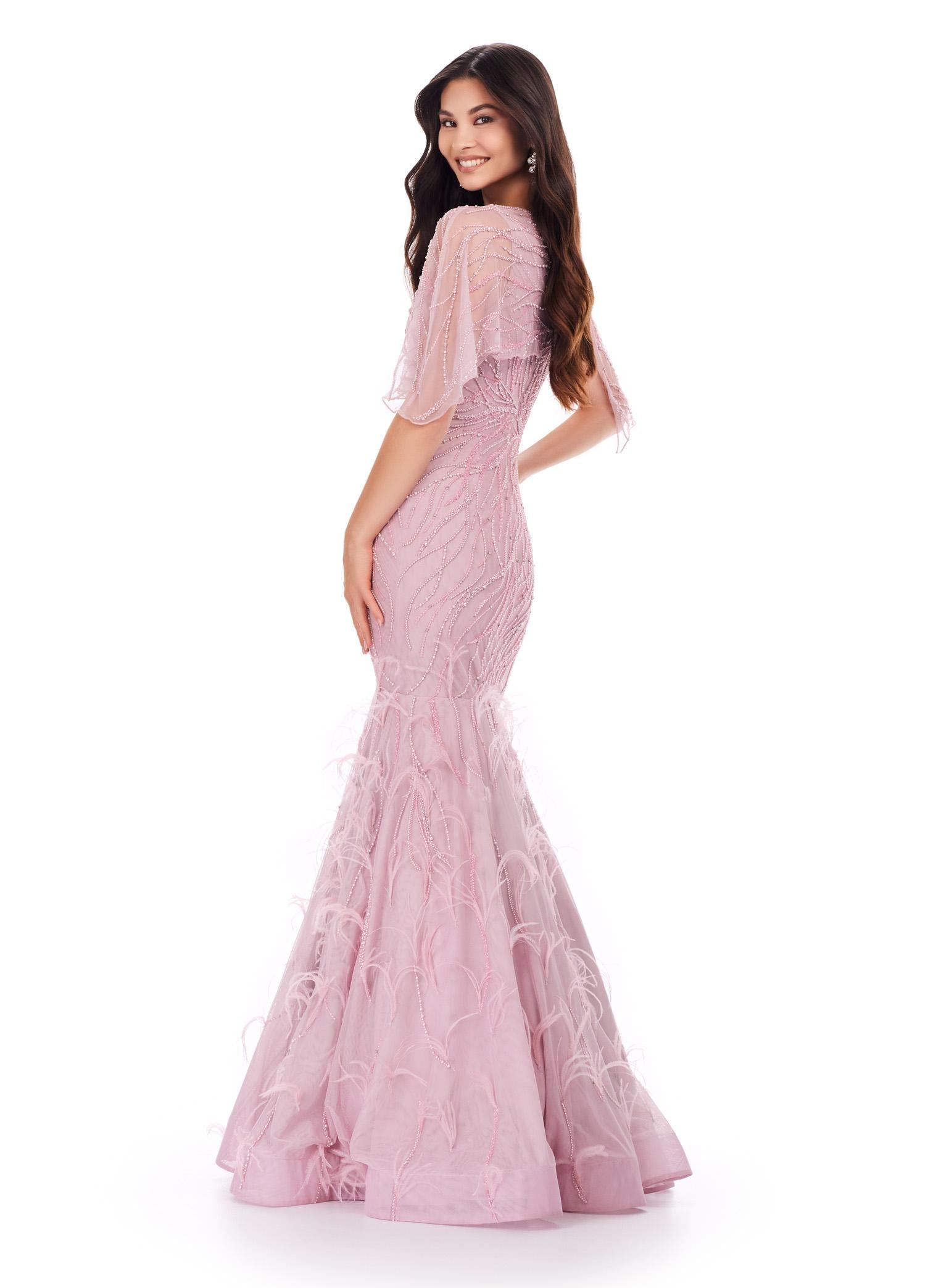 Back view. Dusty Rose ASHLEYlauren 11431 Classy Fully Beaded Gown with Crew Neckline, Sheer Asymmetrical Cape Overlay, Feather-Embellished Skirt, and Mermaid Silhouette