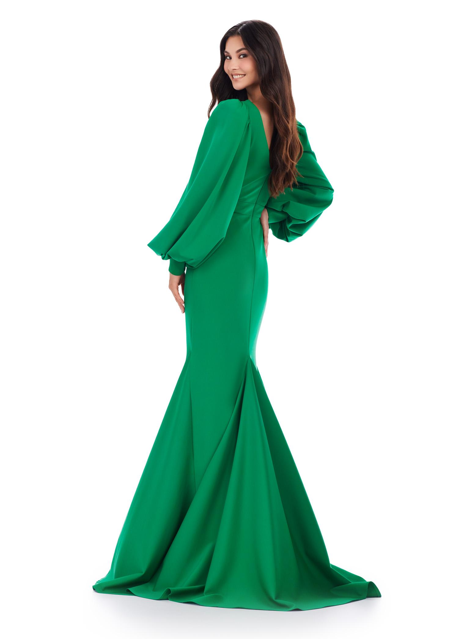 Back view. Emerald ASHLEYlauren 11345 Elegant Fitted Scuba Evening Gown with Draped V-Neckline, Flowing Bishop Sleeves, and Sweep Train