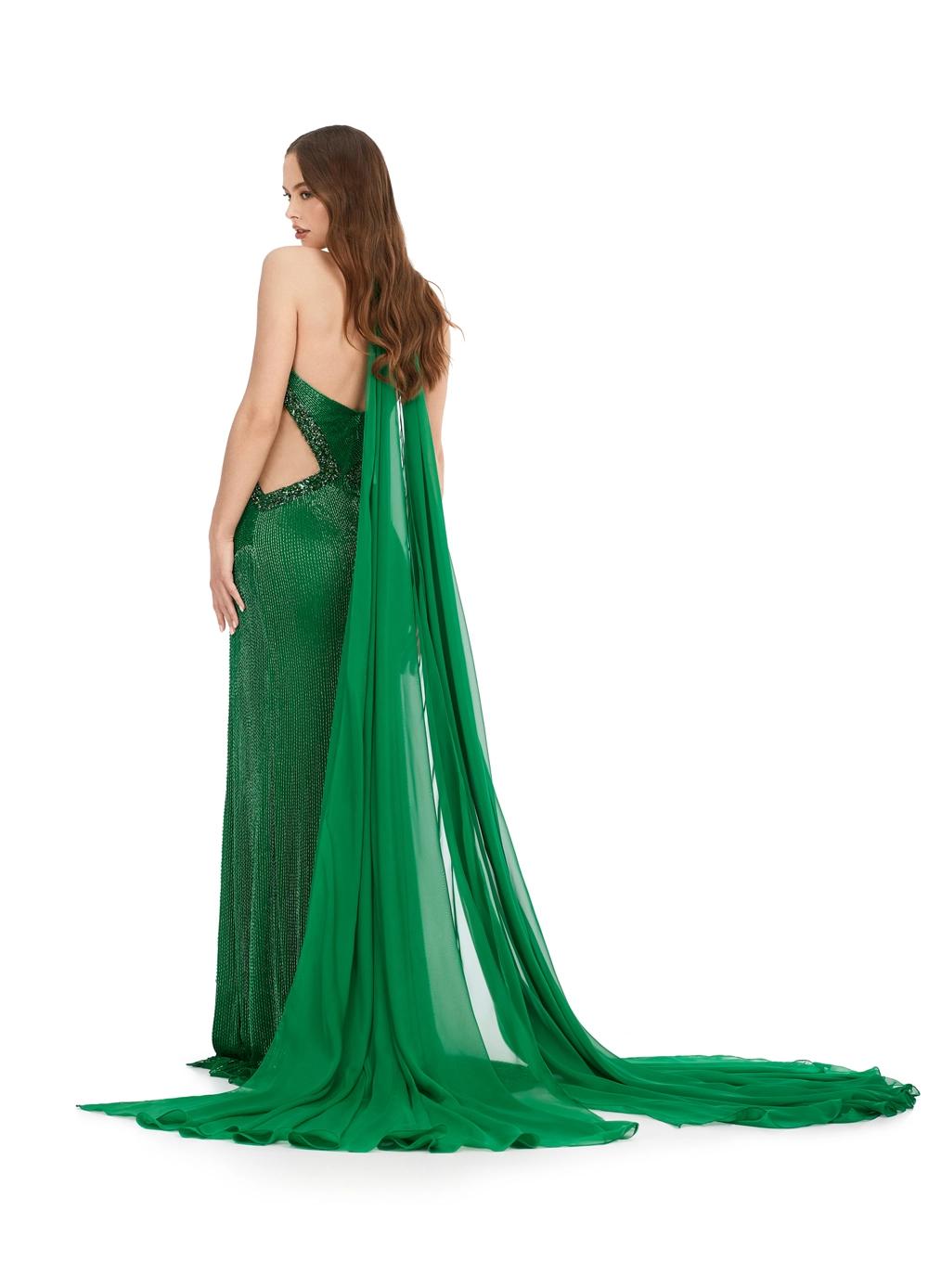 Back view. Emerald ASHLEYlauren 11399 stunning gown featuring a halter neckline, intricate liquid beading, crystal-accented illusion cut outs, and a dramatic chiffon cape for a glamorous and show-stopping look.