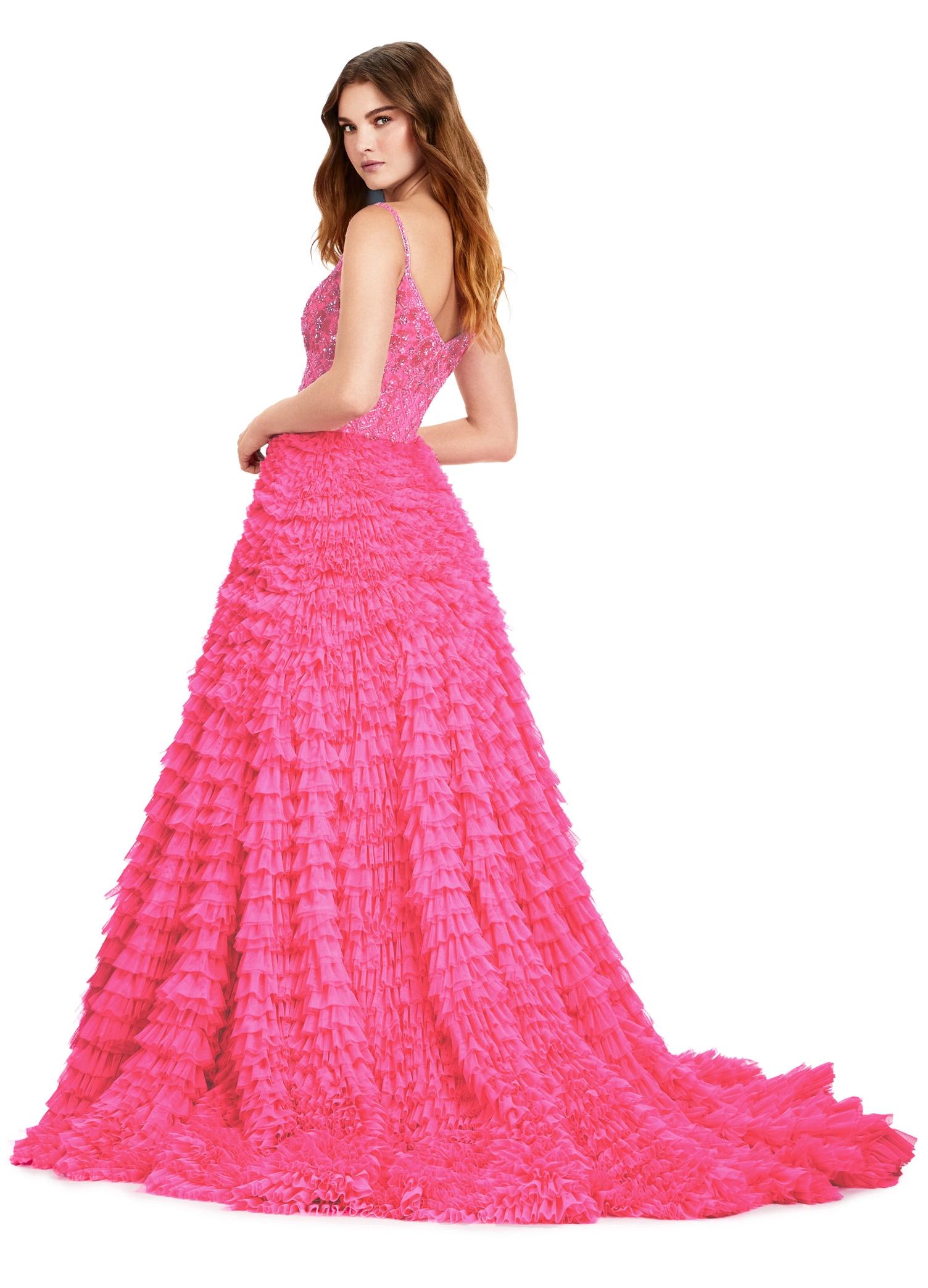 Back view. Hot Pink ASHLEYlauren 11427 breathtaking ball gown featuring a fully beaded bustier, sweetheart neckline, and a voluminous tiered tulle skirt for an enchanting and regal look.