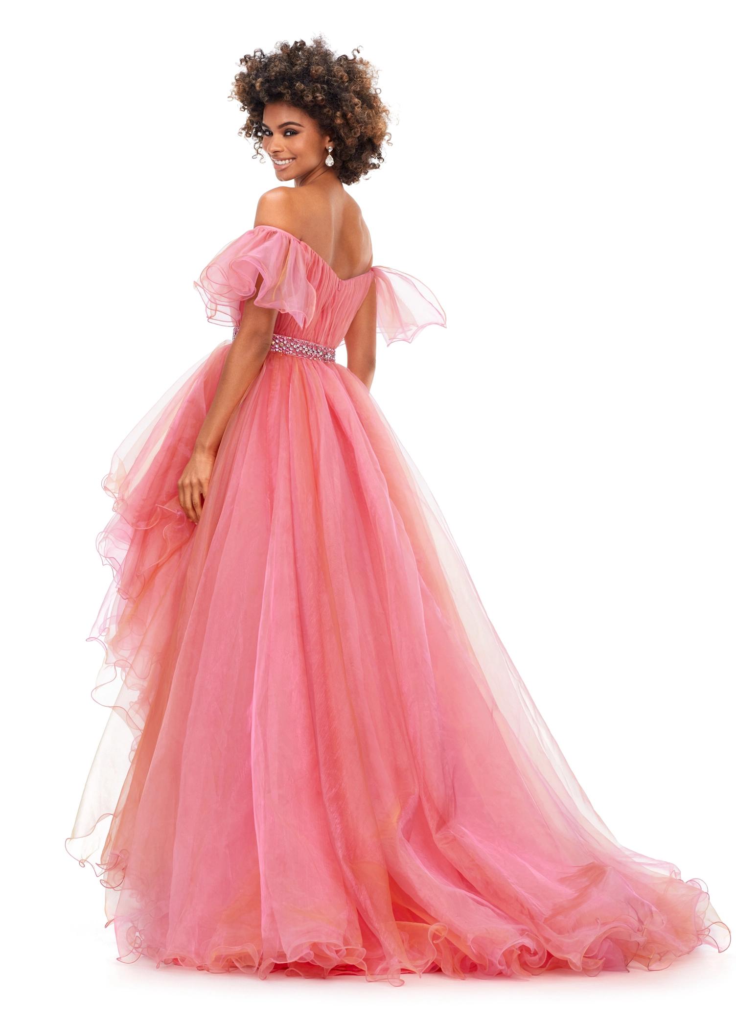Back view. Hot Pink/Blush ASHLEYlauren 11268 stunning strapless high-low gown featuring a ruched sweetheart neckline, off-shoulder sleeves, a crystal belt, and a two-tone organza skirt finished with a wire hem for a dramatic and elegant look.