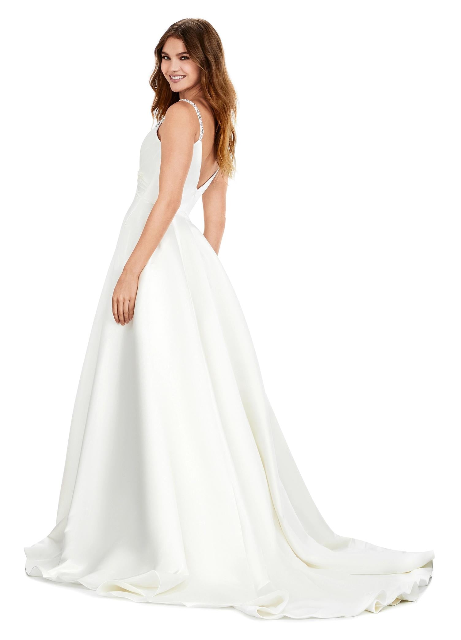 Back view. Ivory ASHLEYlauren 11267 stunning A-line gown featuring delicate spaghetti straps, a sweetheart neckline, eye-catching crystal trim, and asymmetrical ruching on the bustier to accentuate your curves for a glamorous and sophisticated look.