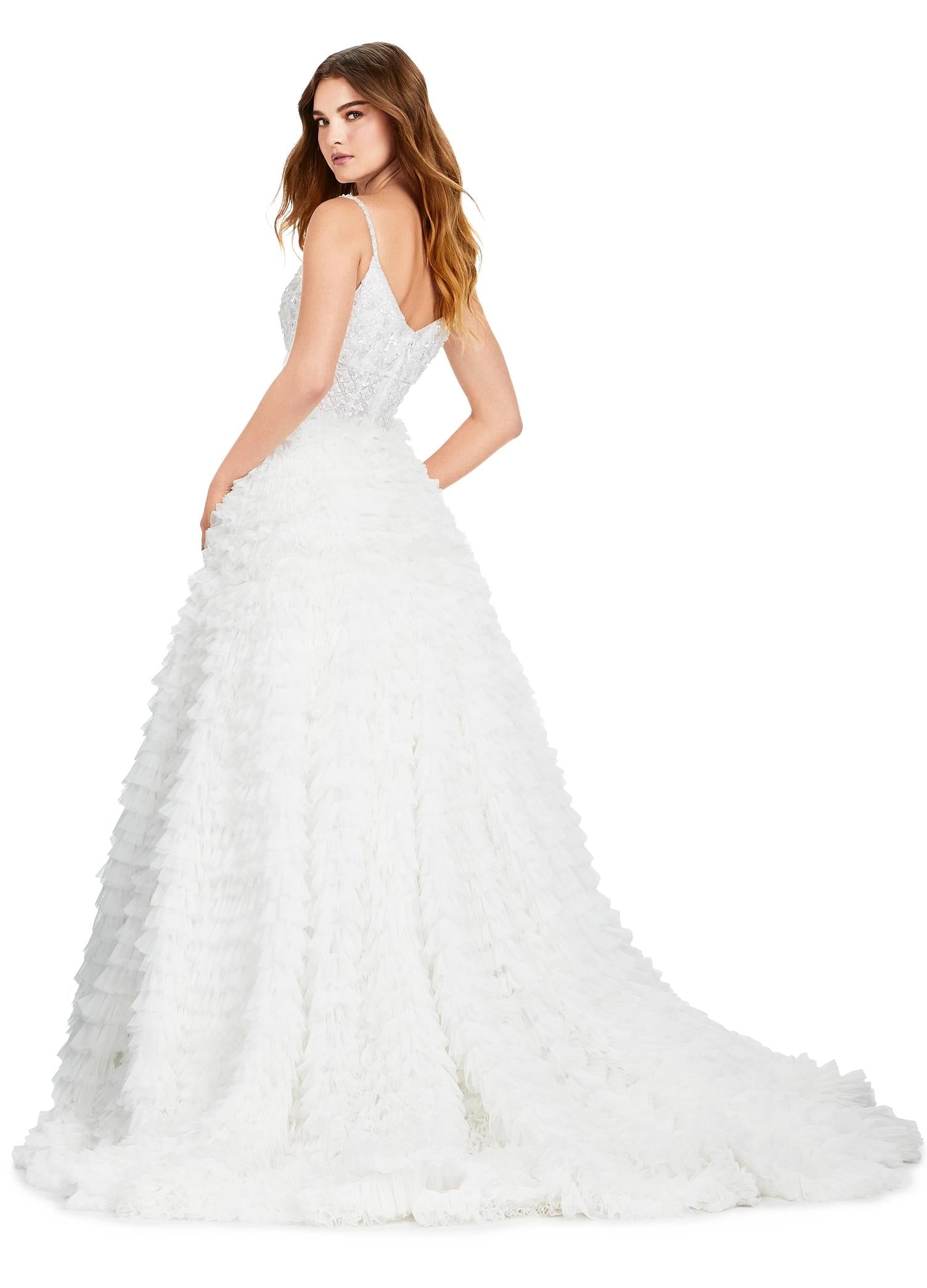 Back view. Ivory ASHLEYlauren 11427 breathtaking ball gown featuring a fully beaded bustier, sweetheart neckline, and a voluminous tiered tulle skirt for an enchanting and regal look.