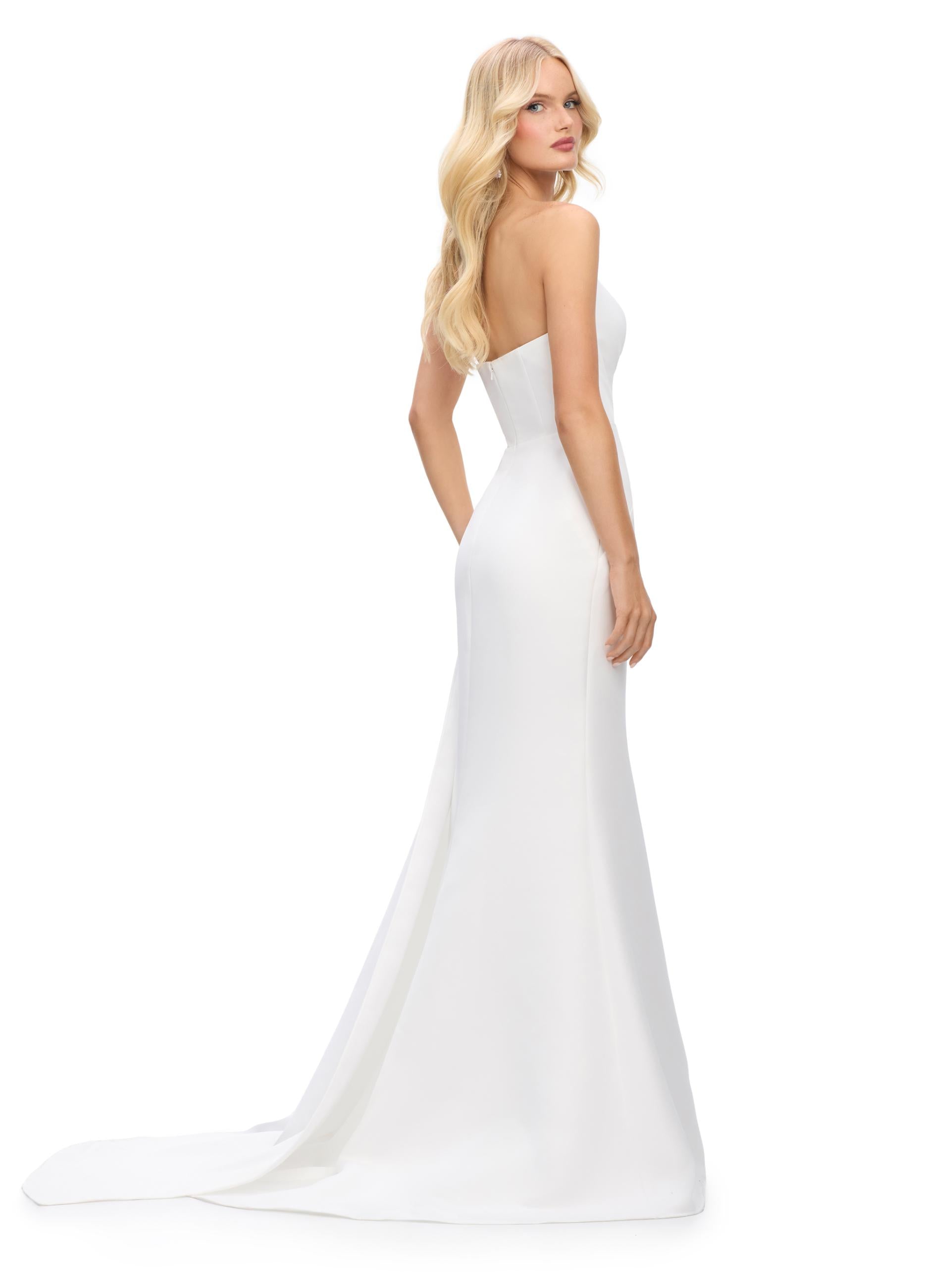 Back view. Ivory ASHLEYlauren 11700 Elegant Strapless Gown with Asymmetrical Bustier, Sparkling Beaded Details, and Flowing Side Skirt for a Show-Stopping Silhouette