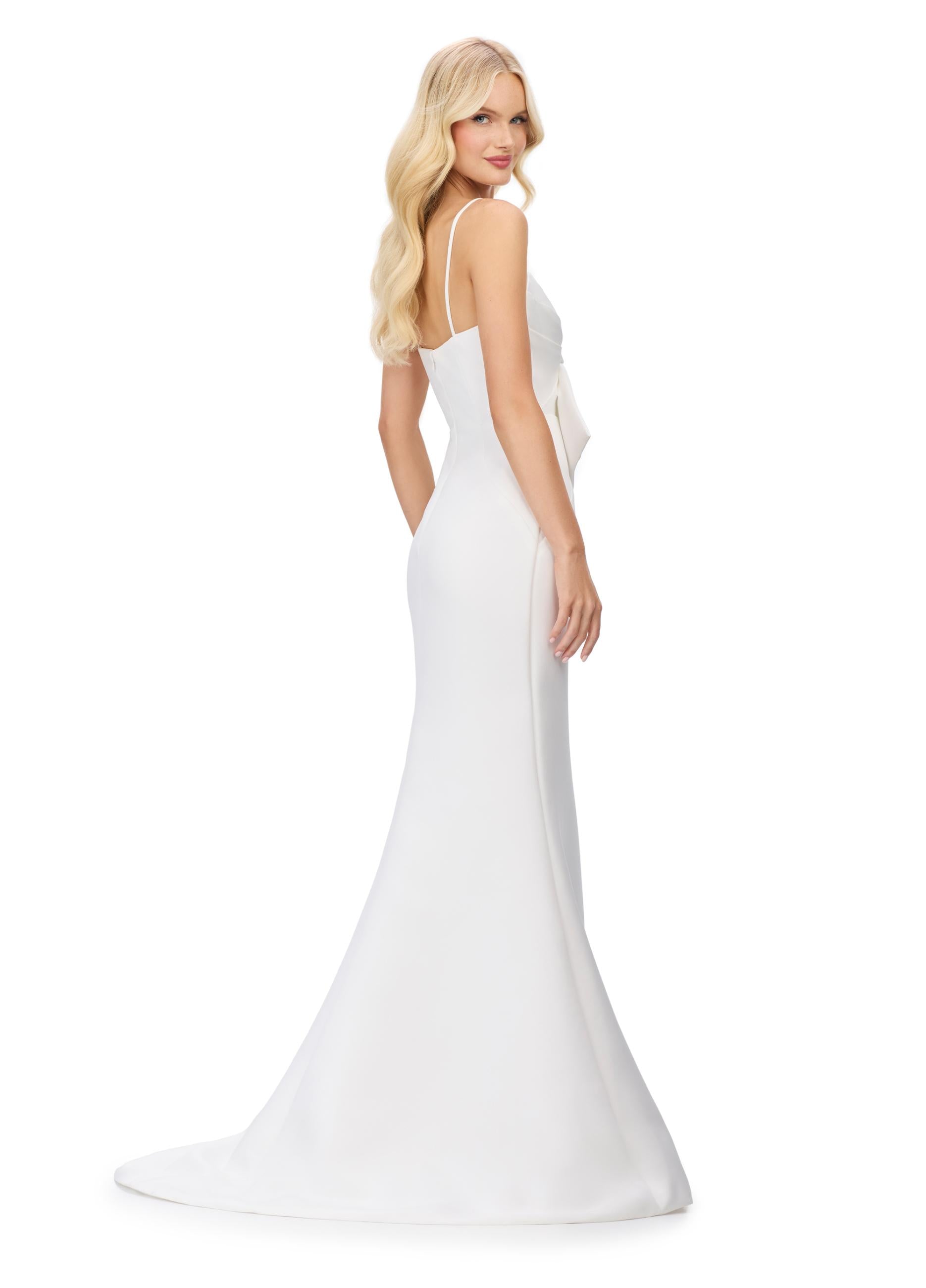 Back view. Ivory ASHLEYlauren 11702 Classic Satin Evening Gown with Spaghetti Straps, Illusion V-Neckline, and Statement Oversized Bow