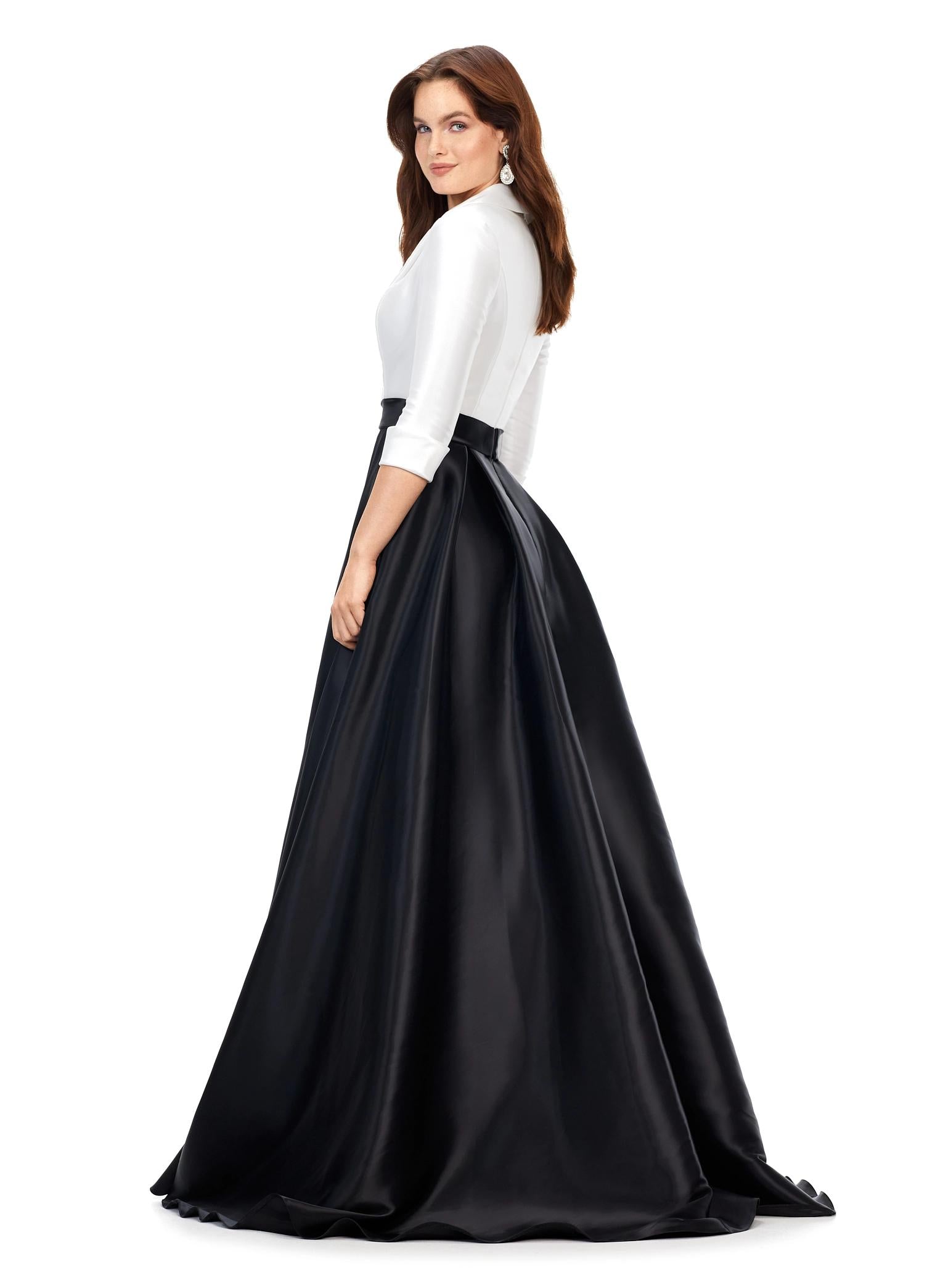 Back view. Ivory/Black ASHLEYlauren 11326 Elegant Phantom Satin Ball Gown with V-Neckline, Wrap Lapel Detail, Buckled Waist Belt, Full Skirt, and Hidden Pockets