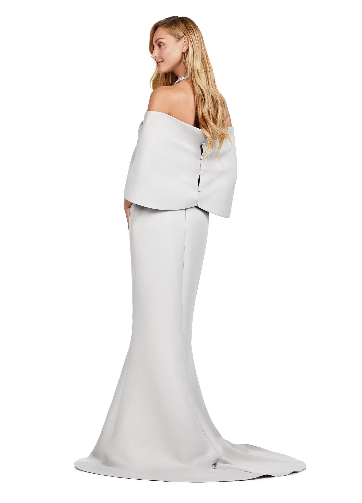 Back view. Marble ASHLEYlauren 11424 Elegant Strapless Evening Gown in Double Faced Satin with Detachable Halter Style Off Shoulder Overlay