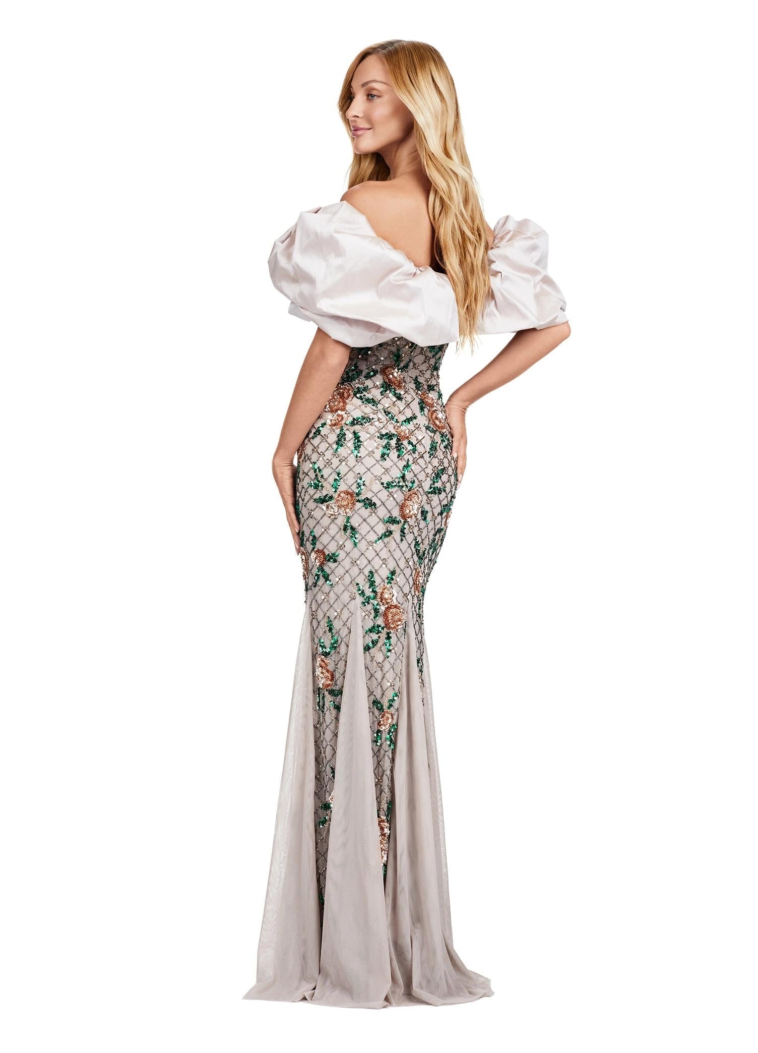 Back view. Marble ASHLEYlauren 11433 Show-Stopping Fully Beaded Gown with Dramatic Off Shoulder Taffeta Puff Sleeves and Glamorous Silhouette