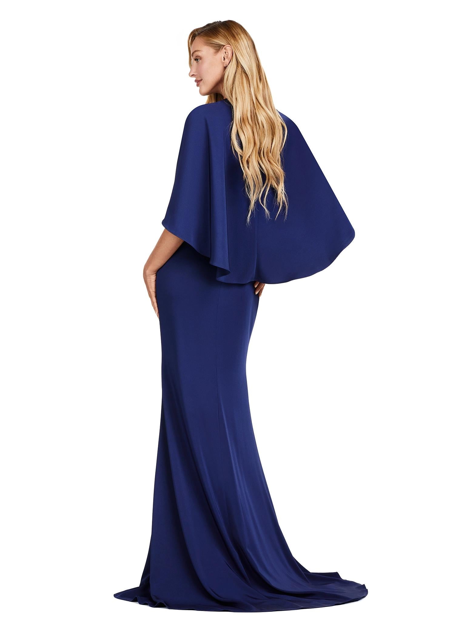 Back view. Navy ASHLEYlauren 11416 Elegant Crepe Gown with Ruched V-Neckline, Sparkling Beaded Belt, Modern Overlay, and Left Leg Slit