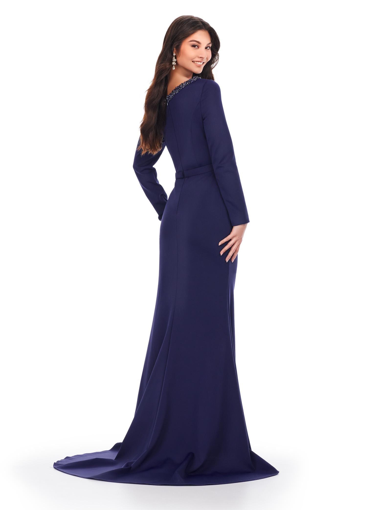 Back view. Navy ASHLEYlauren 11450 Chic Long Sleeve Scuba Gown with Asymmetrical Off Shoulder Beaded Neckline and Flattering Ruched Hip Detailing