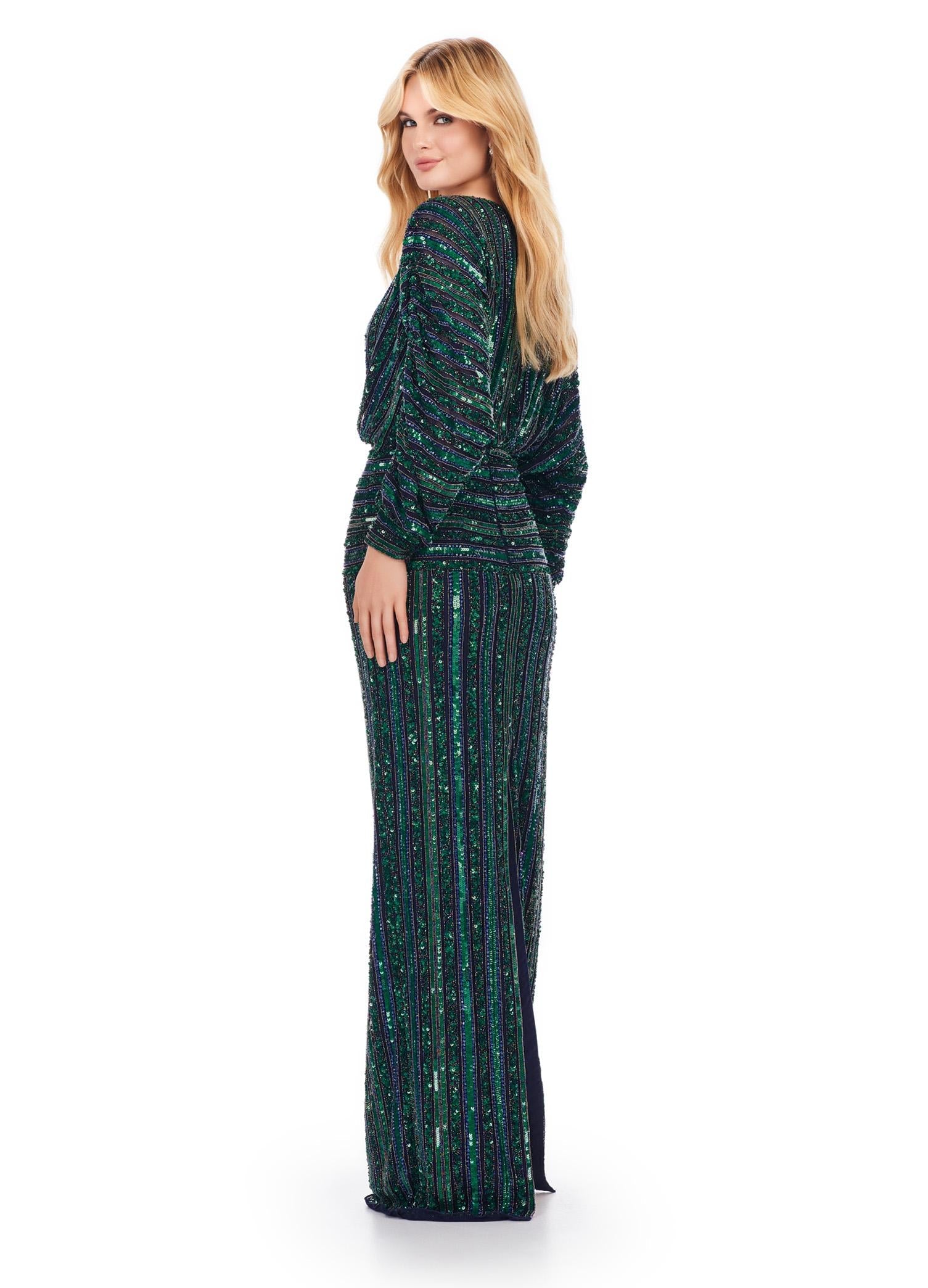 Back view. Navy ASHLEYlauren 11490 Elegant Fully Beaded Gown with Deep V-Neckline, Flowing Dolman Sleeves, and Glamorous Silhouette