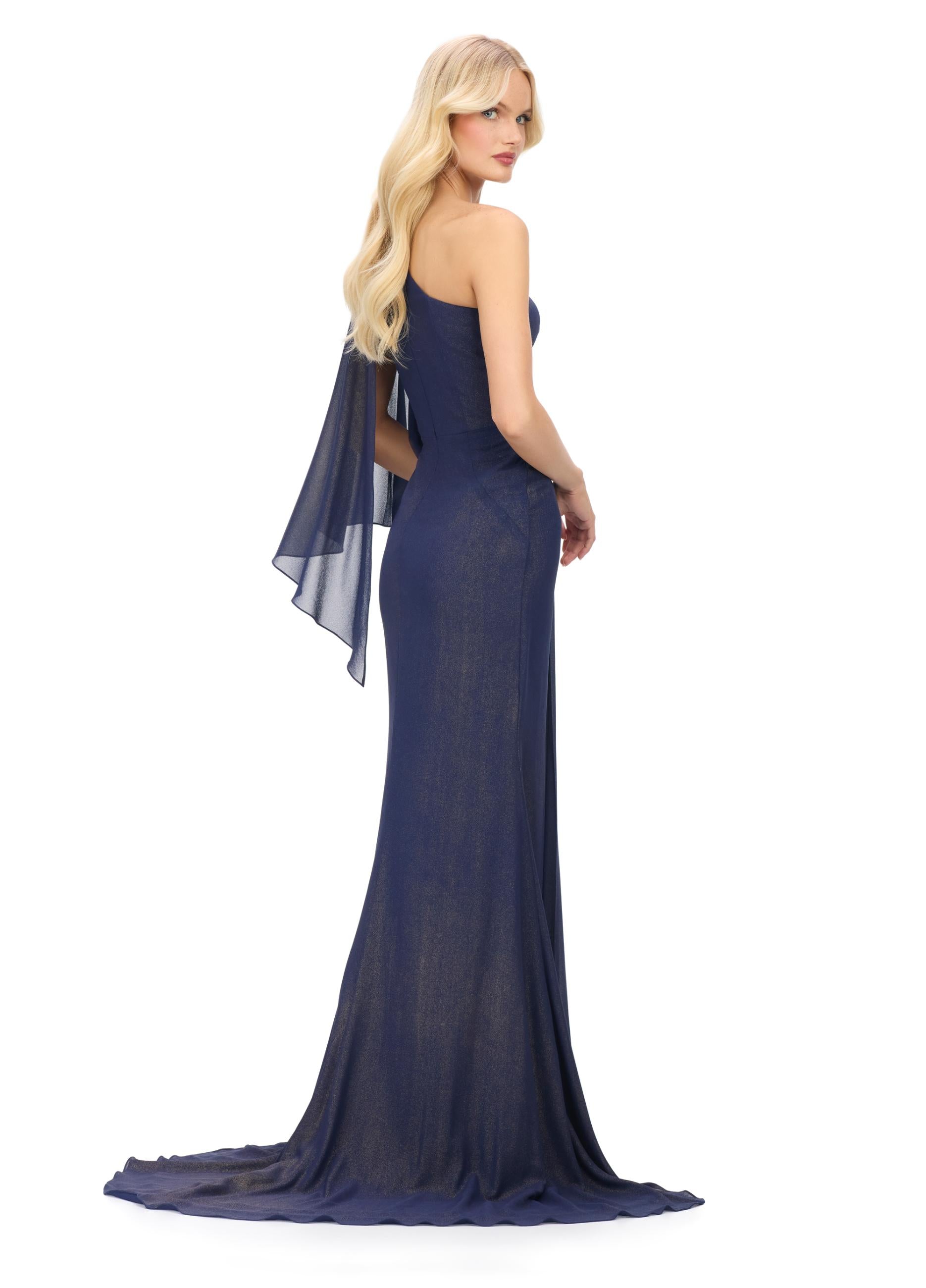 Back view. Navy ASHLEYlauren 11701 Elegant One Shoulder Chiffon Gown with Flowing Ruffle Sleeve and Sparkling Beaded Details