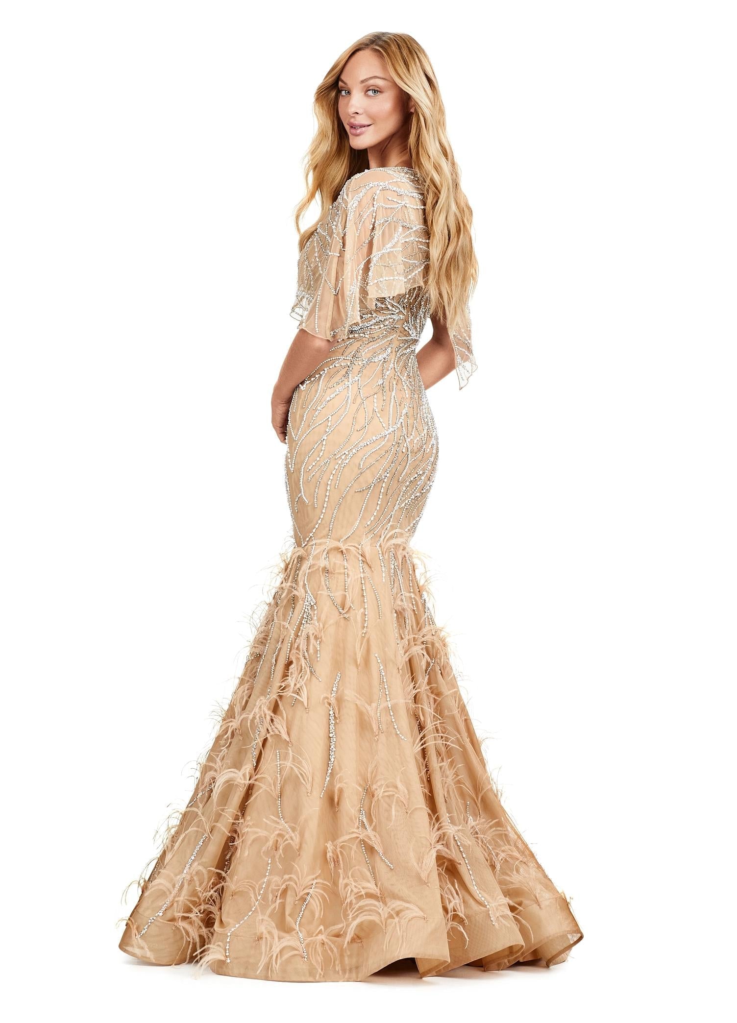 Back view. Nude ASHLEYlauren 11431 Classy Fully Beaded Gown with Crew Neckline, Sheer Asymmetrical Cape Overlay, Feather-Embellished Skirt, and Mermaid Silhouette