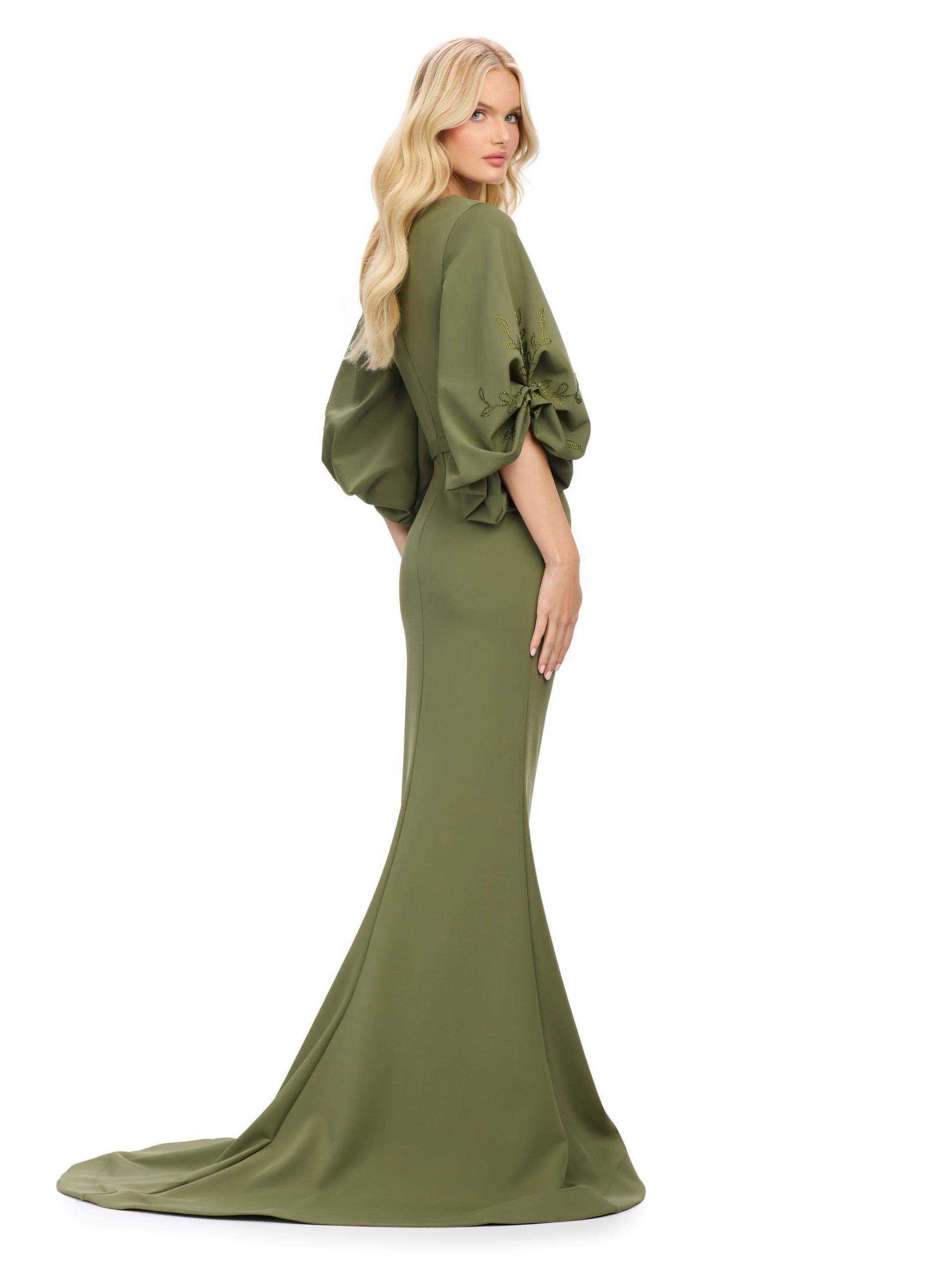 Back view. Olive ASHLEYlauren 11740 Timeless Fitted Scuba Gown with Elegant V-Neckline, Embellished Balloon Sleeves, Press On Stone Accents, and Wrap Skirt Design